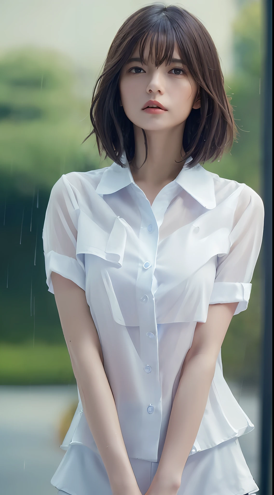 ((Best quality, 8k, Masterpiece :1.3)), Sharp focus :1.2, A pretty woman with perfect figure :1.4, Slender abs :1.2, ((Layered haircut, Big breasts :1.2)), (Wet white button up long shirt :1.1), (Rain, Street:1.2), Wet body :1.5, Highly detailed face and skin texture, Detailed eyes, Double eyelid