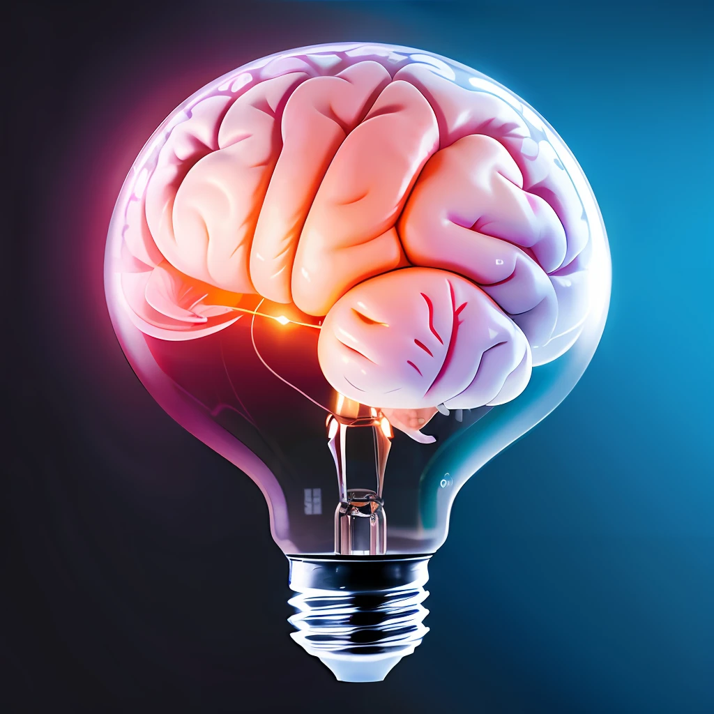 A brain, connected to a nanochip inside a light bulb, artificial intelligence