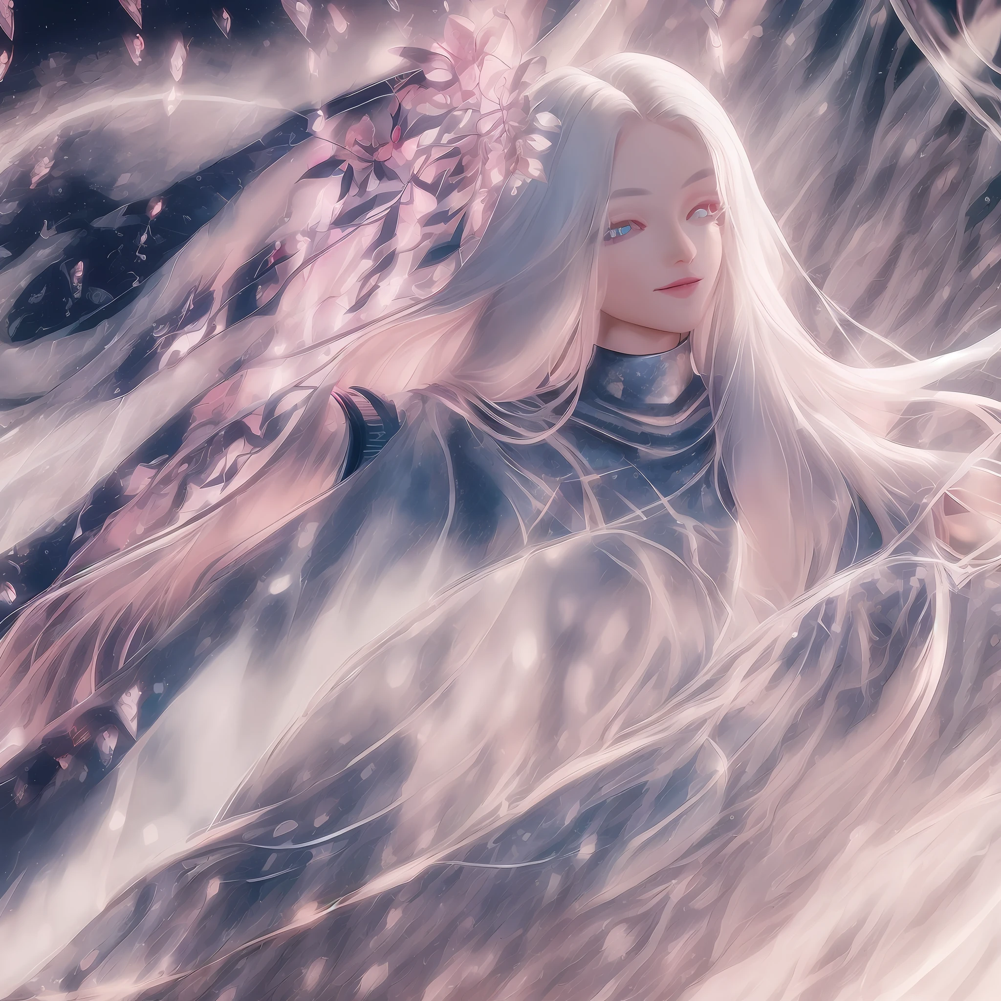 1 woman, sparkling eyes, glow eyes, white hair, long hair , Chinese fairy , Half human, snake body, ancient background, flowers, (happy),long hair, blonde hair, open arms, flower field, flowers:2, motion blur, soft lighting, highly detailed face, highly detailed eyes, smile, shoulder pads, diamonds