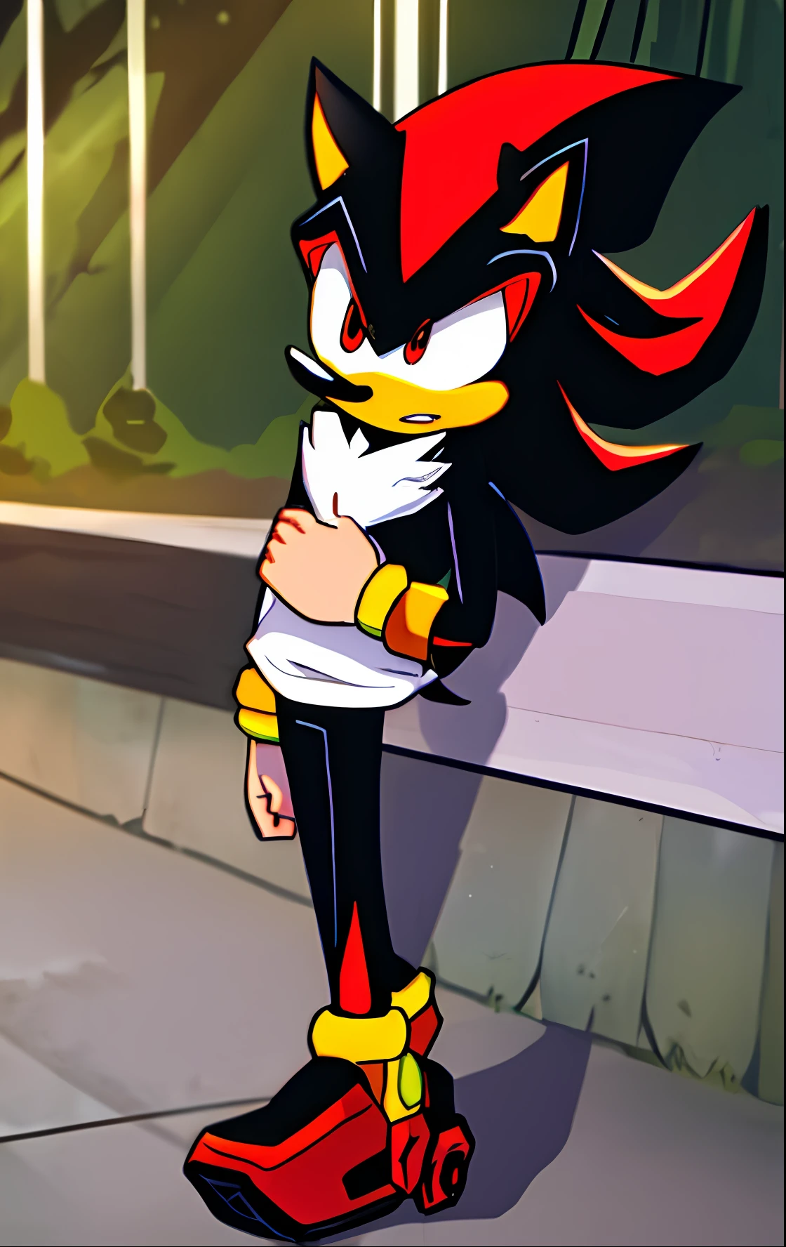 Shadow the Hedgehog, full body, casual wear, dim lighting, detailed background, 2d art, comic book, orange hair color