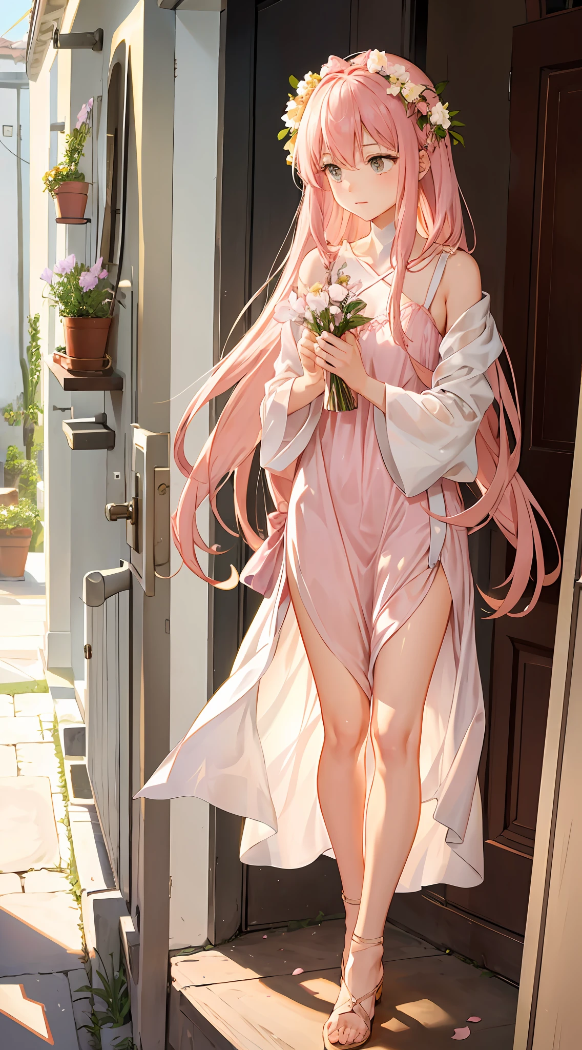 Delicate girl in pink thin dress and long shy hair, opening the door of the house, a jar of flowers on the wall, a house decorated with plants, sunshine illuminating flowers