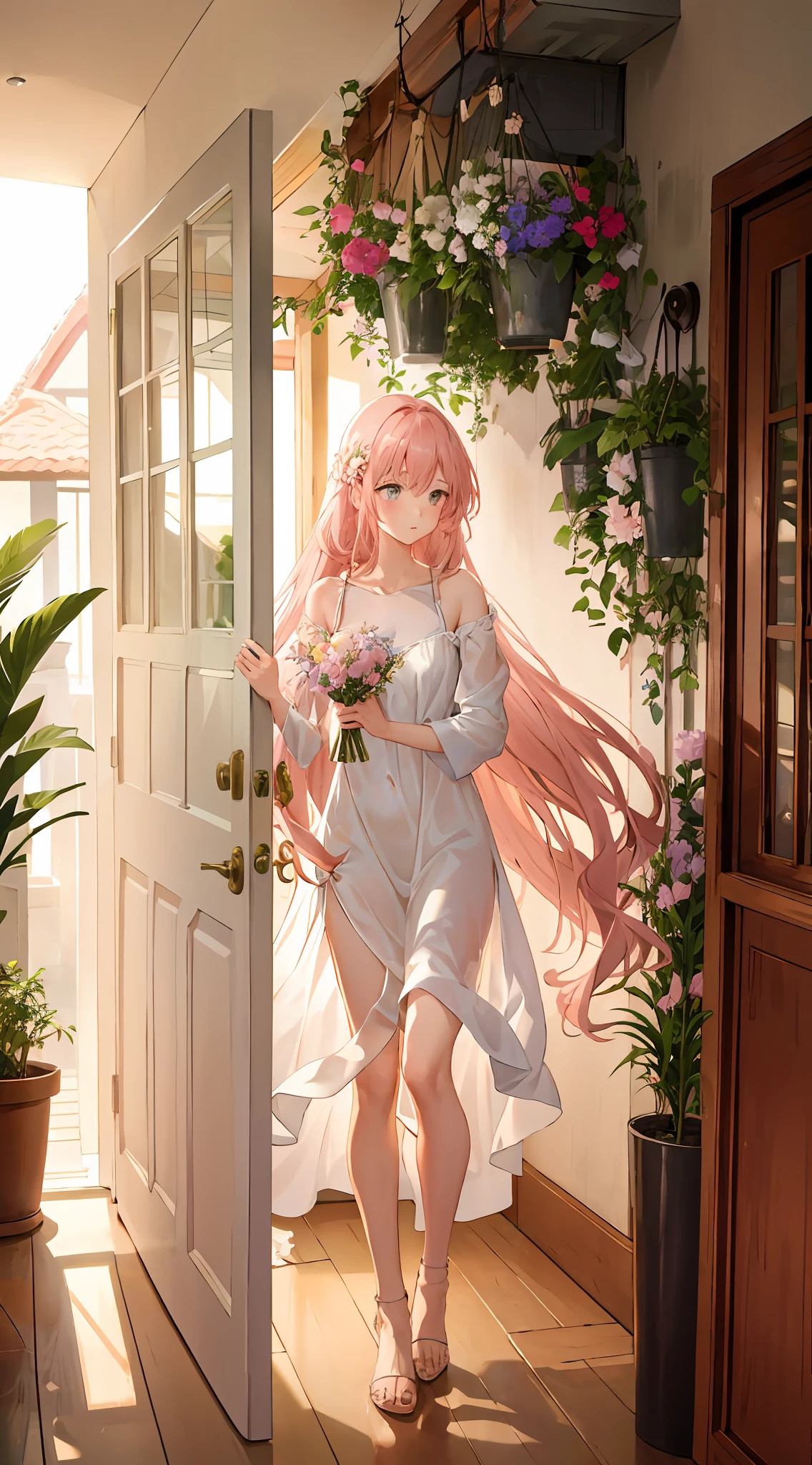 Delicate girl in pink thin dress and long shy hair, opening the door of the house, a jar of flowers on the wall, a house decorated with plants, sunshine illuminating flowers
