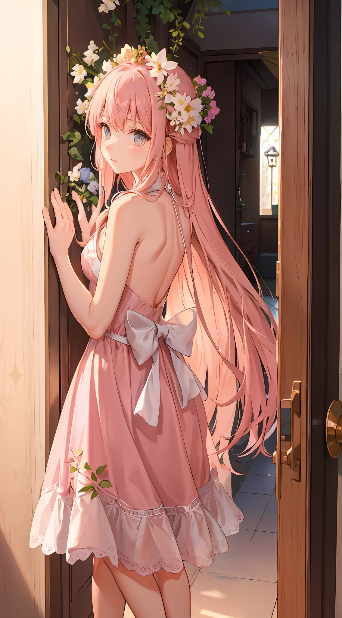 Delicate girl in pink thin dress and long shy hair, opening the door of the house, a jar of flowers on the wall, a house decorated with plants, sunshine illuminating flowers