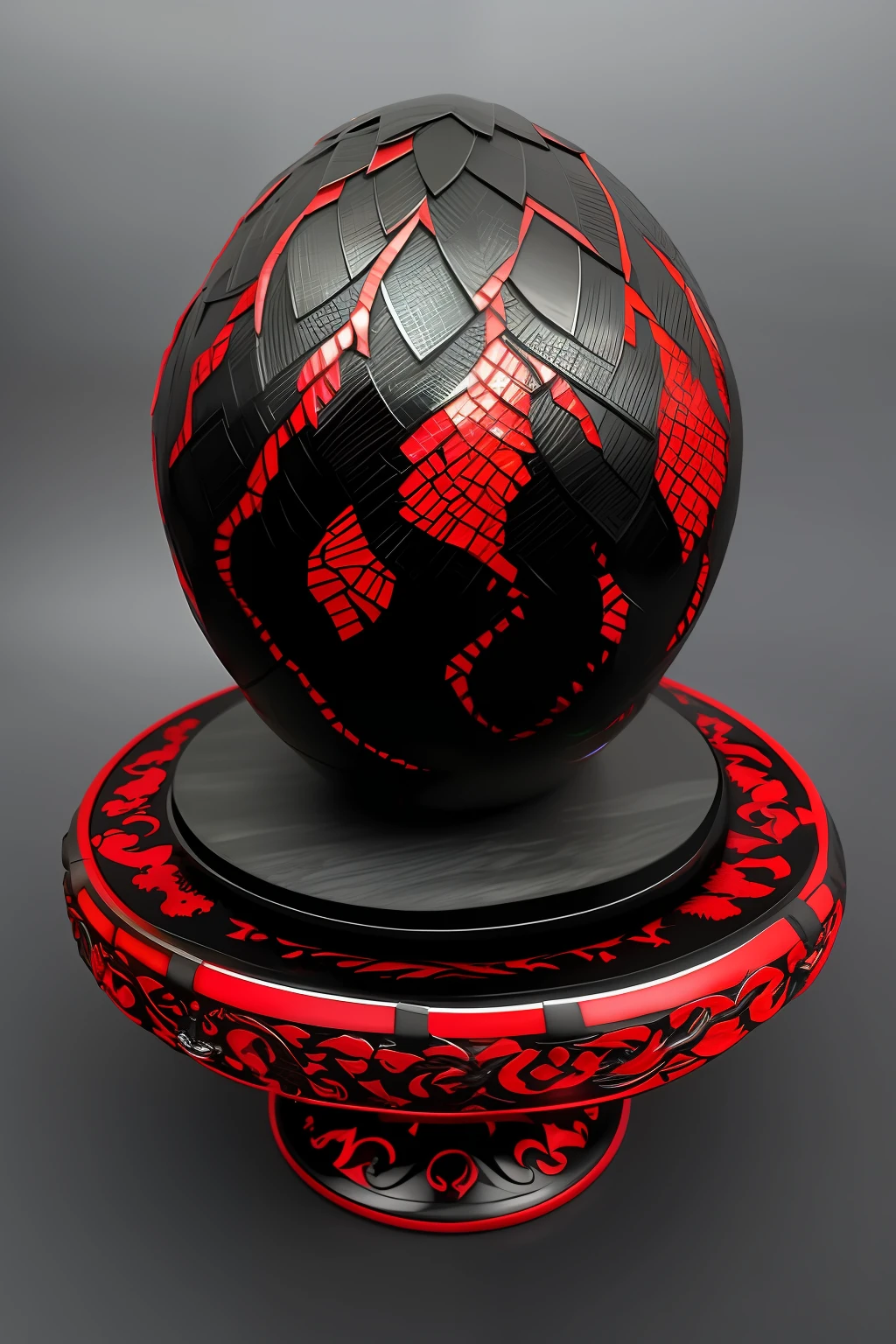 mythical black and red dragon egg with black glowing scales. Shiny. Glowing.