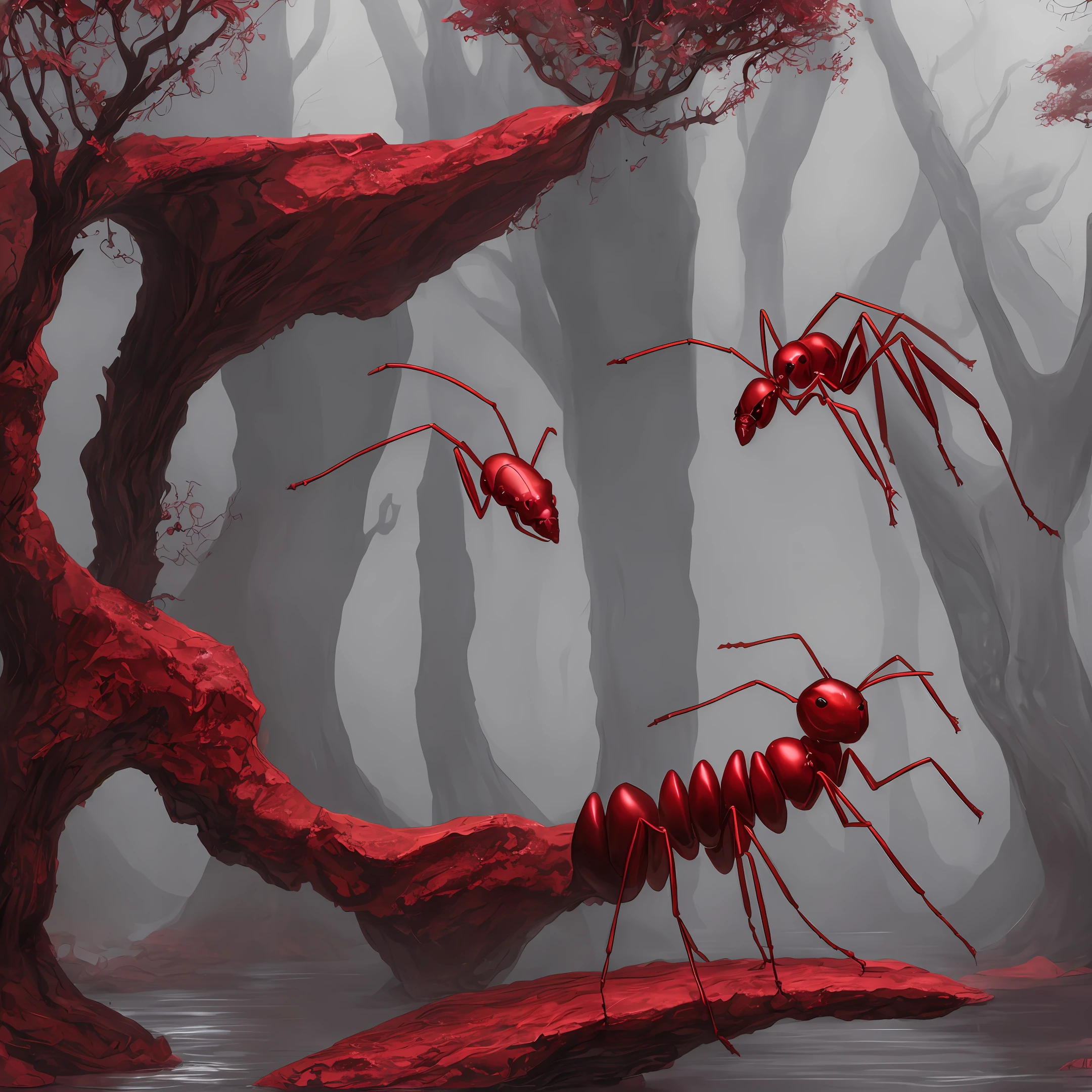 crimson rivers. Surrealism, Dark Fantasy. runic magic. A ghost in the form of an ant rises up