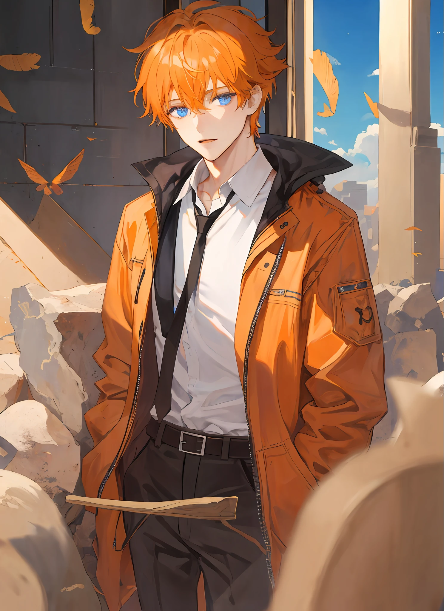 1boy, masterpiece, orange messy hair, blue eyes