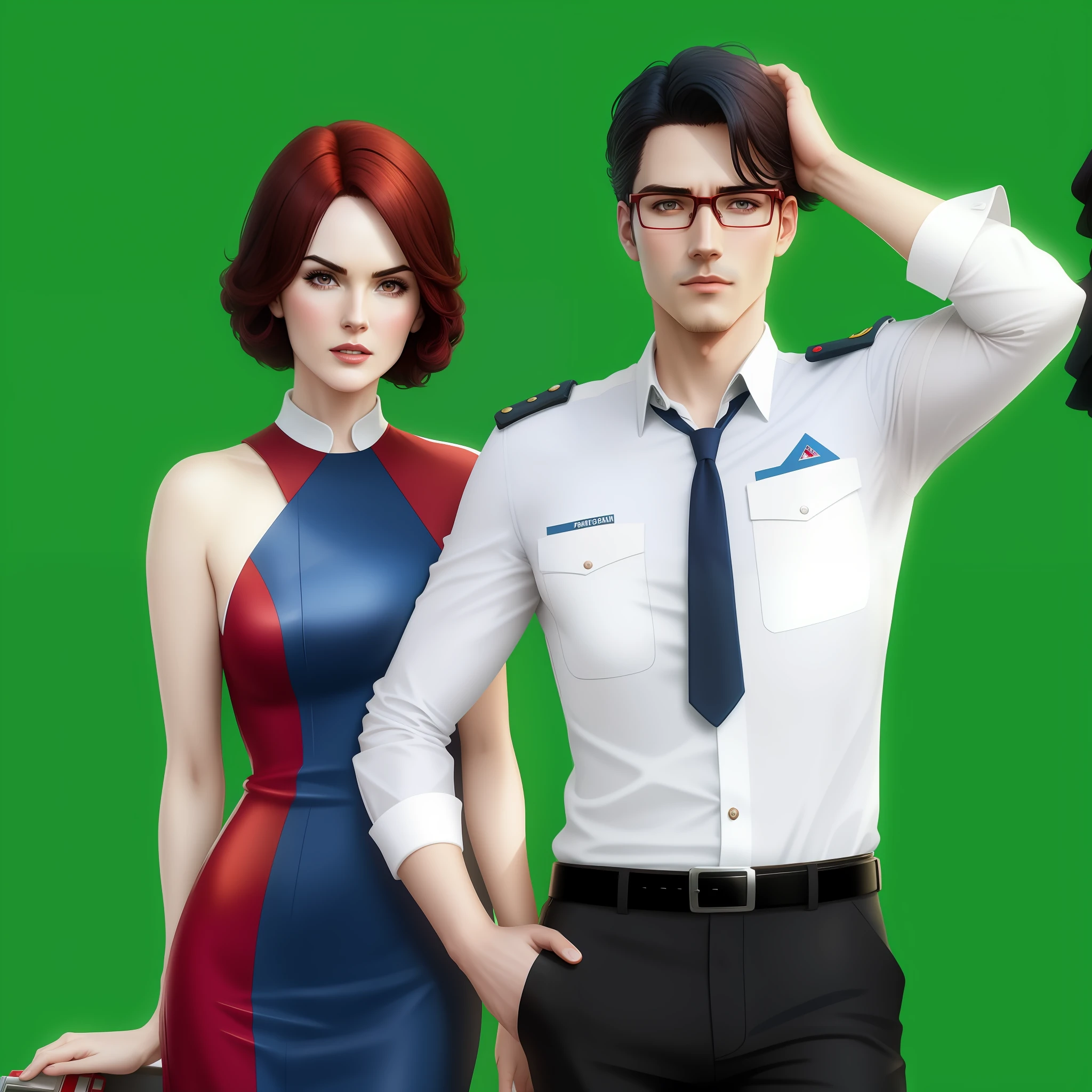 michelle dockery wearing red-and-blue dress and jason butler harner wearing pilot shirt and glasses in anime style, anime, 2d-style, digital, cartoon stylistics, pin-up, pop-art