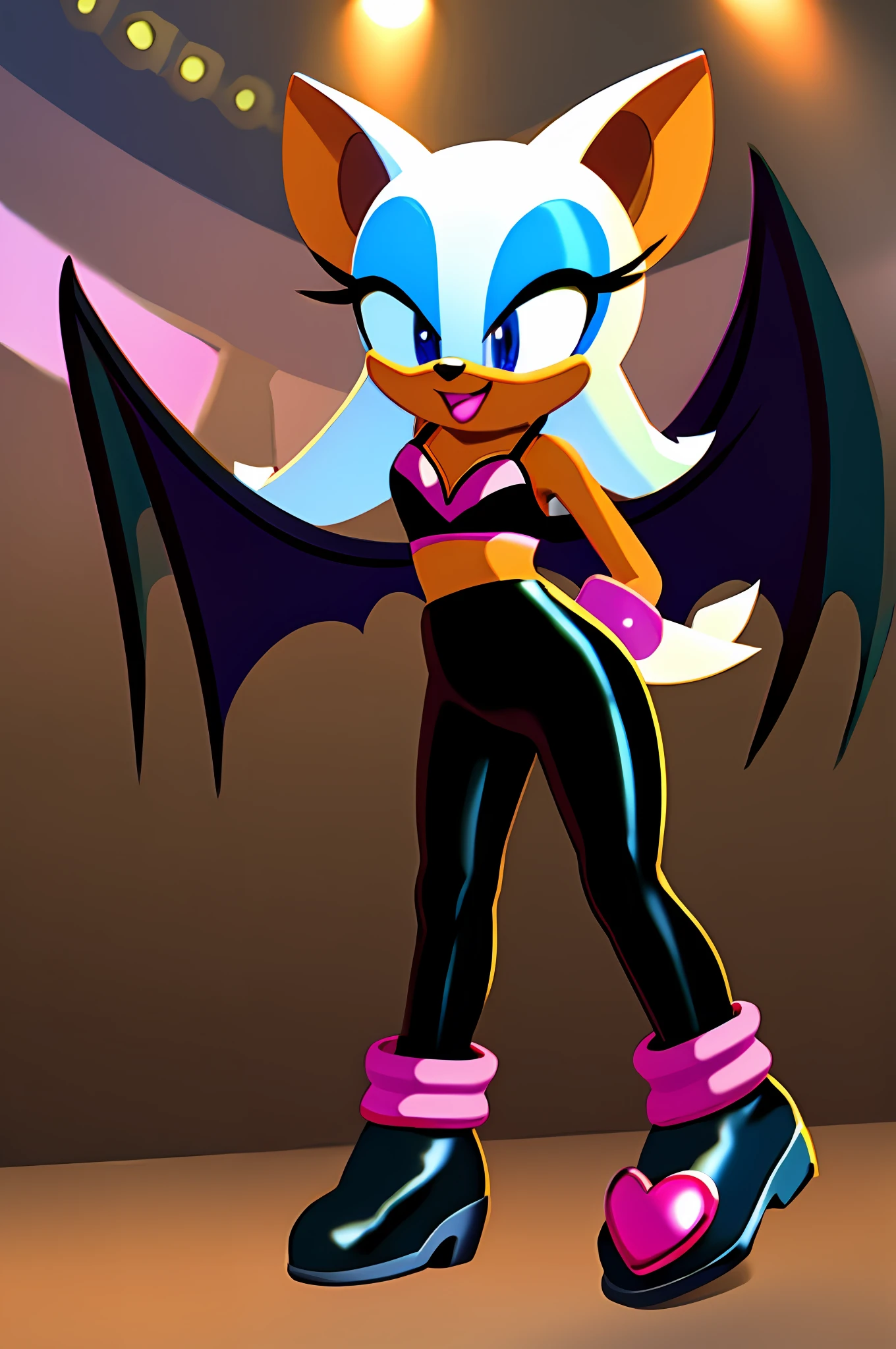 Rouge the bat, full body, black latex pants, stage, black Bra, dim lighting, detailed background, field of view, high resolution, high Quality, comic book, 2d art