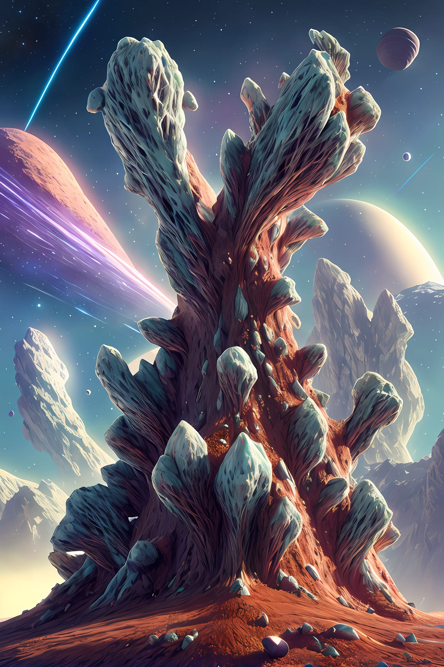 hyper-anthill on the crystal soars in space hyperrealism, glowing comets fly by, fantasy, detailed in 3D-imagine