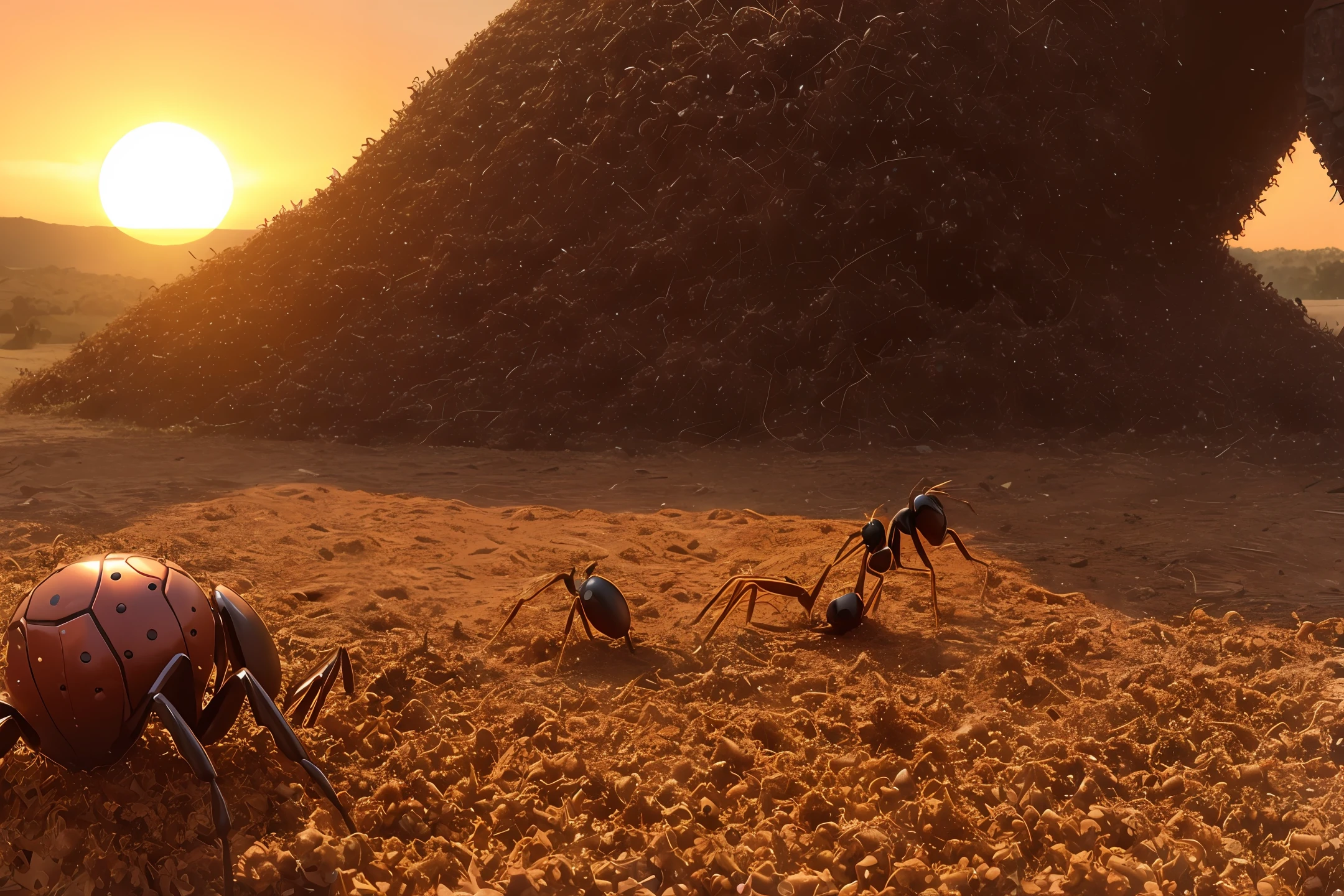 Conquering ant queen, statue of conquering ant queen herigated on an anthill and adored by thousands of red ants + both front legs and head directed towards the setting sun + epic, suave, side view plunging, forest