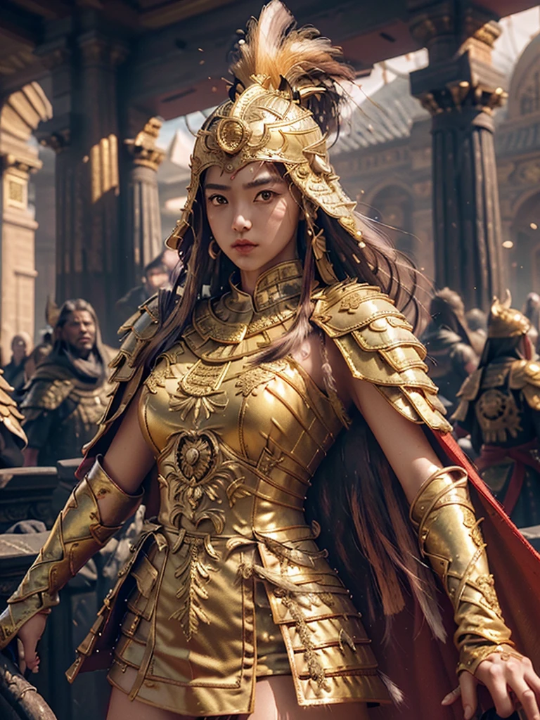 extremely beautiful young lady, subtle makeup, golden hour, photorealistic, high contrast, 8k HD, detailed, hyper-detailed, realistic skin texture, best quality, ultra high res, raw photo, dramatic lighting, unreal engine, diffuse glow intricate golden eaba, red cape, spear,