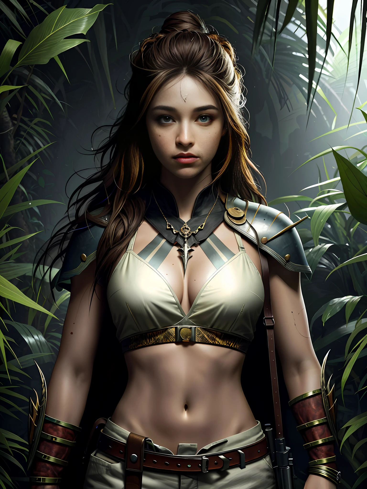 half body angle,cave background,chiaroscuro lighting, Rembrandt lighting, female hunter, Wearing jungle clothing, with totem painted on face and arms, brown long hair, appropriate muscle definition,set on the ground, heroic posture, realistic style,(8k, RAW photo, best quality, masterpiece:1.2), (realistic:1.3), (real skin details:1.3),(photorealistic:1.3), detailed facial features, ultra-detailed, Masterpiece, realistic lighting, best quality, masterpiece,best quality,extremely detailed CG unity 8k wallpaper,on artstation