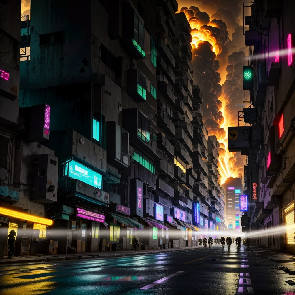 a cyberpunk city street that at the end of the street a nuclear bomb has exploded