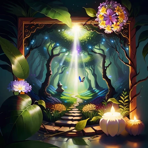 A flowering portal, with colorful flowers and butterflies, in an enchanted forest with small fairies flying, rays of sun