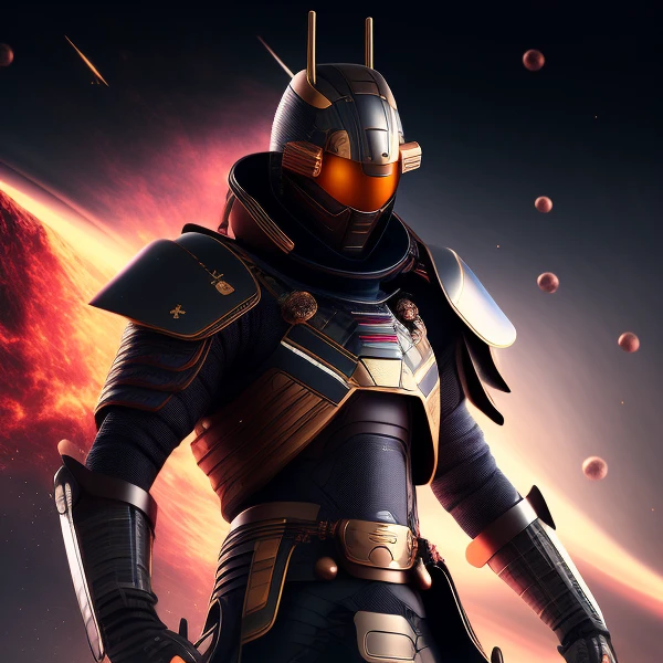 samurai with tech-suit, masterpiece, best quality, high quality, extremely detailed CG unity 8k wallpaper, Depth of Field, HDR,,Photorealistic,extremely detailed, Intricate, High Detail, universe, space, galaxy, stars, planets, astronomy, cosmos, celestial, nebula, black hole, solar system, cosmic rays, supernova, deep space, astronomical objects,