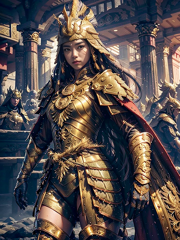 extremely beautiful young lady, subtle makeup, golden hour, photorealistic, high contrast, 8k HD, detailed, hyper-detailed, realistic skin texture, best quality, ultra high res, raw photo, dramatic lighting, unreal engine, diffuse glow  intricate golden eaba, red cape, spear,