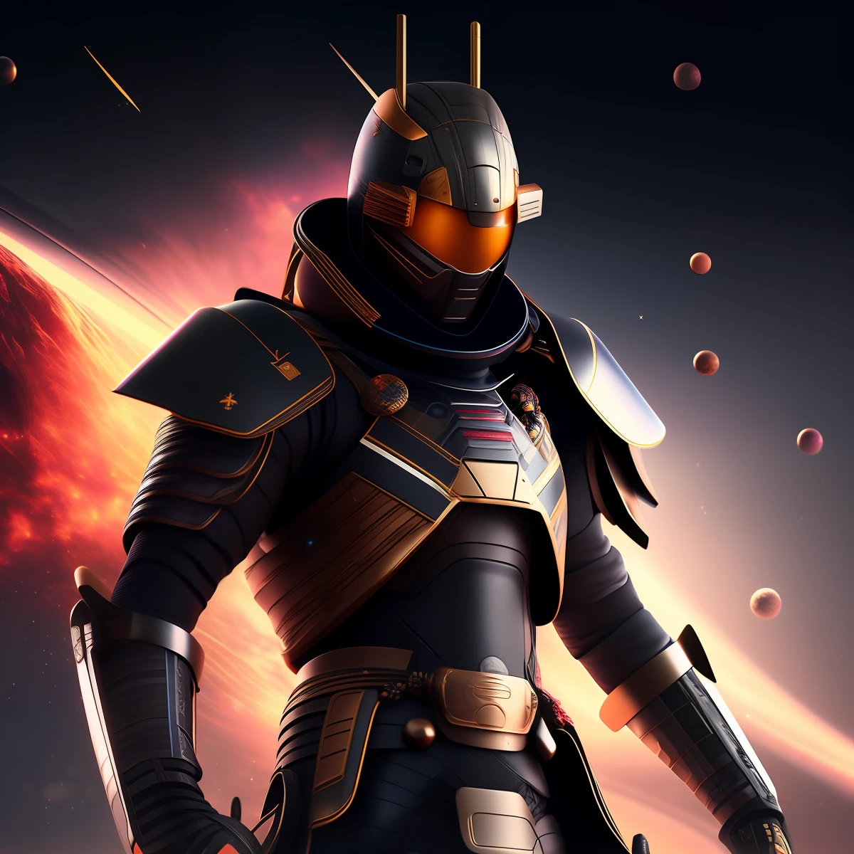 samurai with tech-suit, masterpiece, best quality, high quality, extremely detailed CG unity 8k wallpaper, Depth of Field, HDR,,Photorealistic,extremely detailed, Intricate, High Detail, universe, space, galaxy, stars, planets, astronomy, cosmos, celestial, nebula, black hole, solar system, cosmic rays, supernova, deep space, astronomical objects,