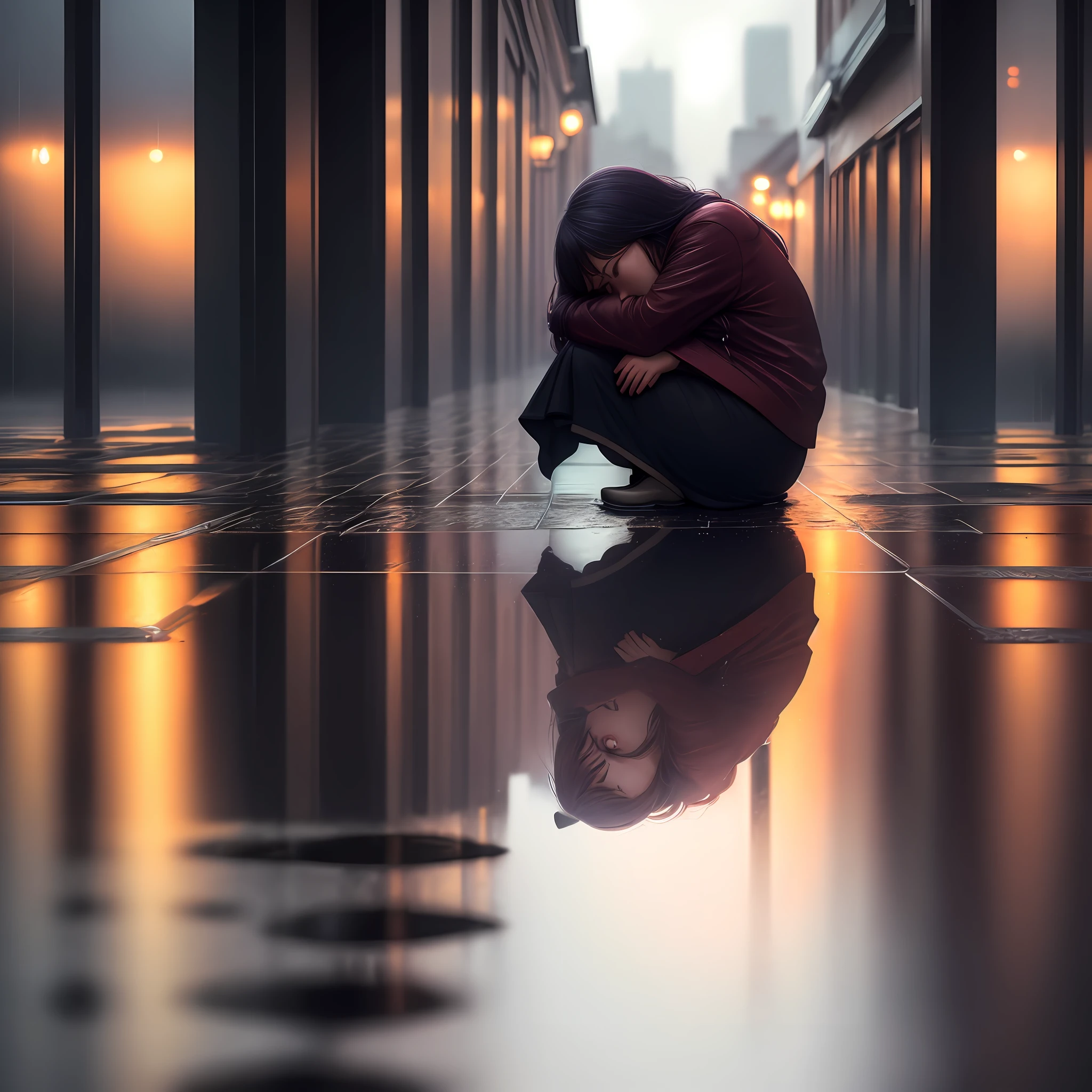 Woman looking down, sad face, rainy day, city landscape, reflection of house lights on wet floor, dramatic, strong colors, 8k quality, cinematic focus