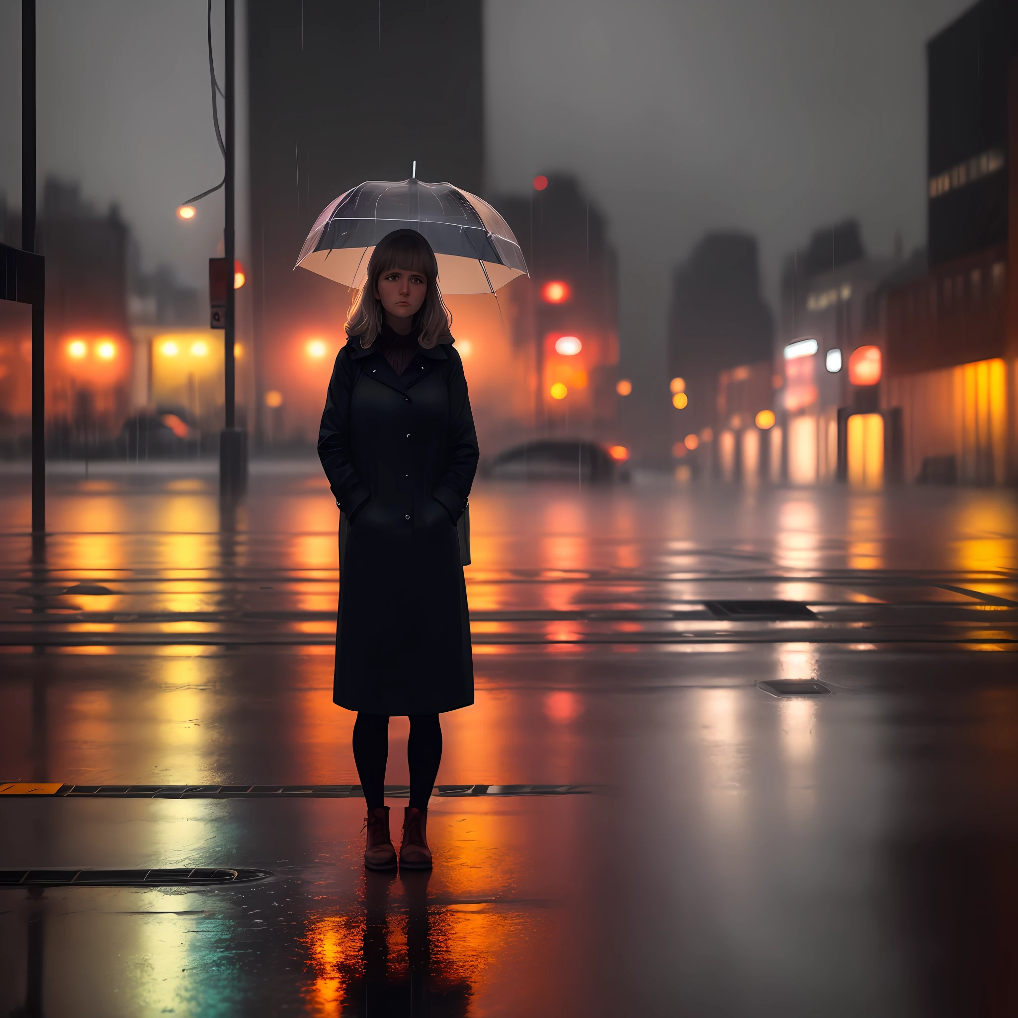 Woman looking down, sad face, rainy day, city landscape, reflection of house lights on wet floor, dramatic, strong colors, 8k quality, cinematic focus