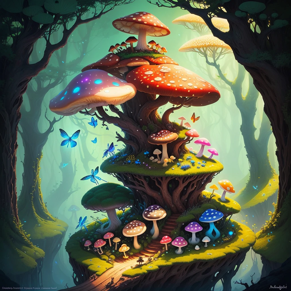 majistic anthill with mushroom and glowing dragonfly sitting on top, fantasy, art