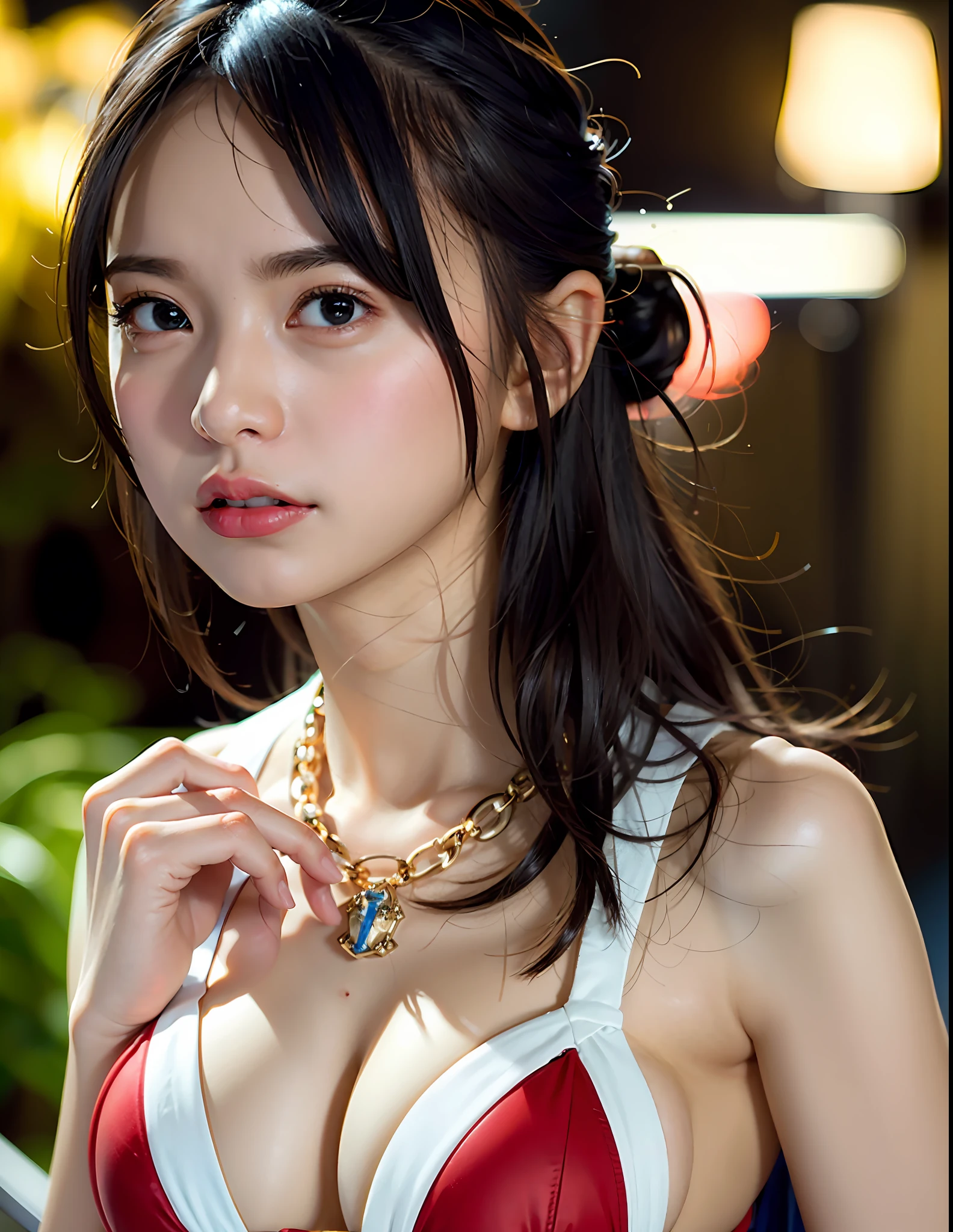 (8k, RAW photo, highest quality, masterpiece: 1.2), (realistic, photorealistic: 1.37), 1 girl, Japan, woman in her 50s, cityscape, night, professional lighting, photon mapping, radiosity, torn, big, very small crimson micro bikini, tip sticking out, areola protruding, pubic shape clearly visible, gal, lots of lashes, Lame on the eyelids, bright red lip, black heels, black chokers, necklaces, bracelets, belt chains, lots of various accessories, pubic hair, bristles on the lower abdomen, slender