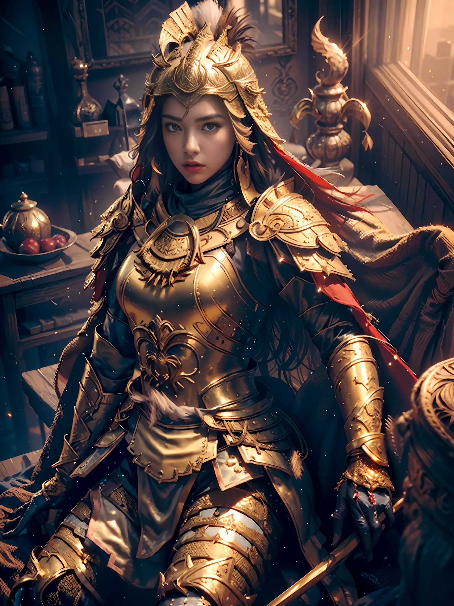 extremely beautiful young lady, subtle makeup, golden hour, photorealistic, high contrast, 8k HD, detailed, hyper-detailed, realistic skin texture, best quality, ultra high res, raw photo, dramatic lighting, unreal engine, diffuse glow intricate golden eaba, red cape, spear,