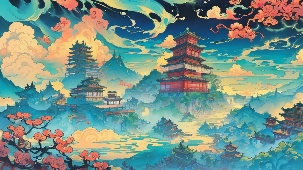 The game scene, the ancient Chinese palace is located above the clouds, surrounded by clouds and mist, majestic, glazed tiles, the big Buddha sitting on the sky, colorful, ((color ink)),(((splash ink)),((splash ink) ink) ink} ) ) , masterpiece, high quality, beautiful graphics, high detail