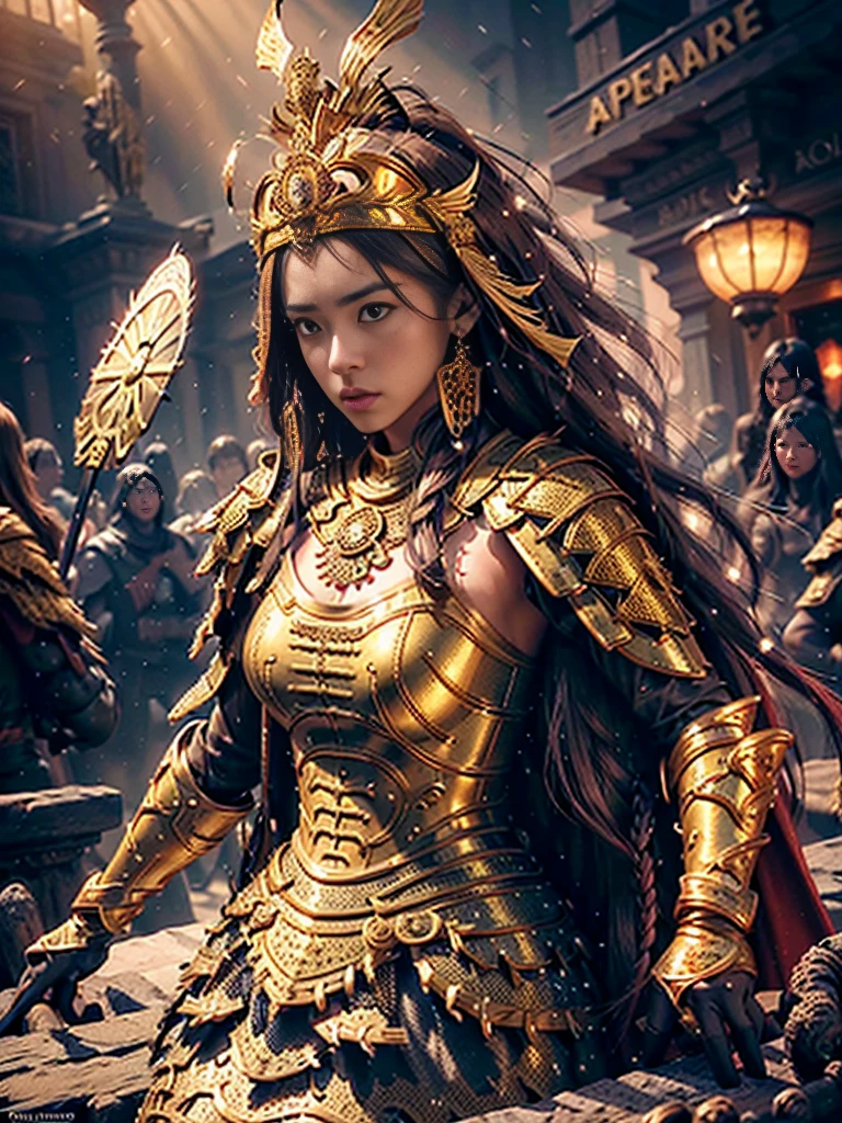 extremely beautiful young lady, subtle makeup, golden hour, photorealistic, high contrast, 8k HD, detailed, hyper-detailed, realistic skin texture, long dark hair, big breast best quality, ultra high res, raw photo, dramatic lighting, unreal engine, diffuse glow intricate golden eaba, red cape, spear,