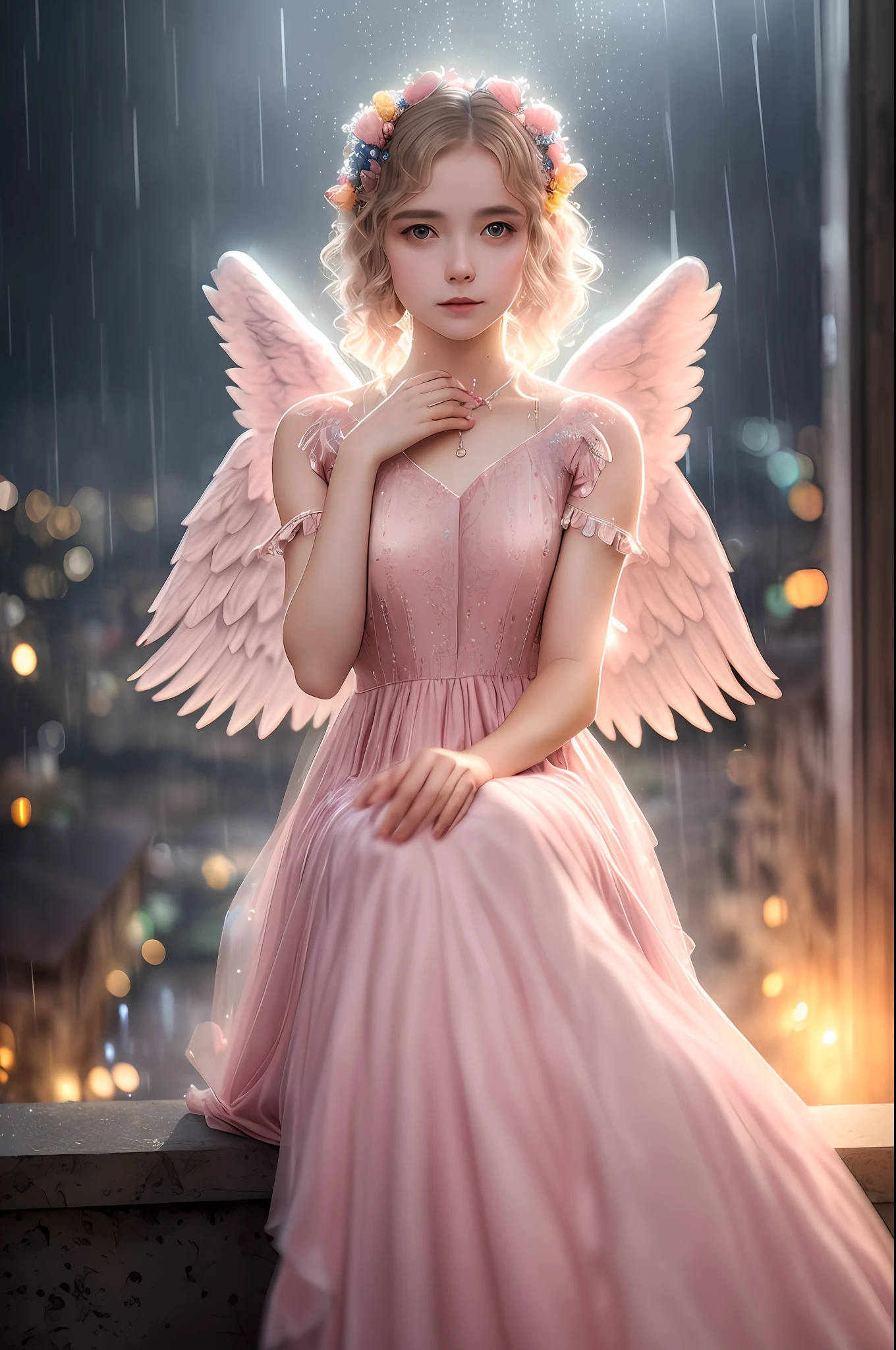 a woman with angel wings, in a calaro pink dress, sitting on a ledge, sitting against the background of yellow and blue lights, rain, soft colors, bokeh ((masterpiece, best quality)), high detail, detailed face, blood particles, whole body