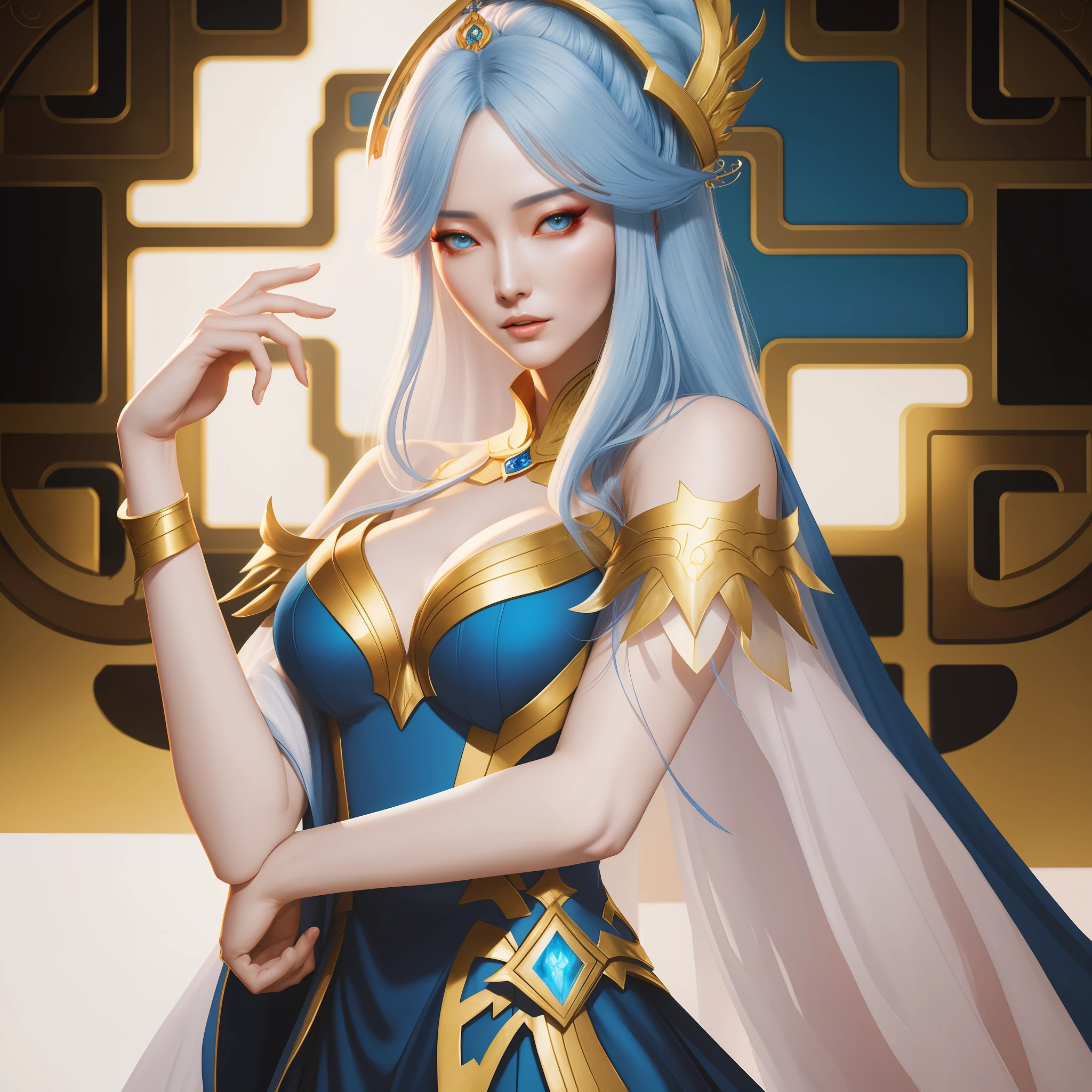 photorealistic photo of a beautiful chinese princess, blue gown with golden trim, long white hair, fully clothed, perfect face, beautiful, (perfect composition:1.4), deviantart hd, artstation hd, concept art, detailed face and body, award-winning photography, margins, detailed face, detailed hands, ,backlight, 12k ultrarealistic, ray tracing, intense gaze, looking at the viewer, cinematic lighting, art by Grzegorz Rutkowski, embers, high fantasy background, action pose, hands up to 90 degrees, water splash, misty