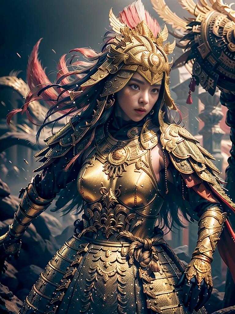 extremely beautiful young lady, subtle makeup, golden hour, photorealistic, high contrast, 8k HD, detailed, hyper-detailed, realistic skin texture, best quality, ultra high res, raw photo, dramatic lighting, unreal engine, diffuse glow  intricate golden eaba, red cape, spear,