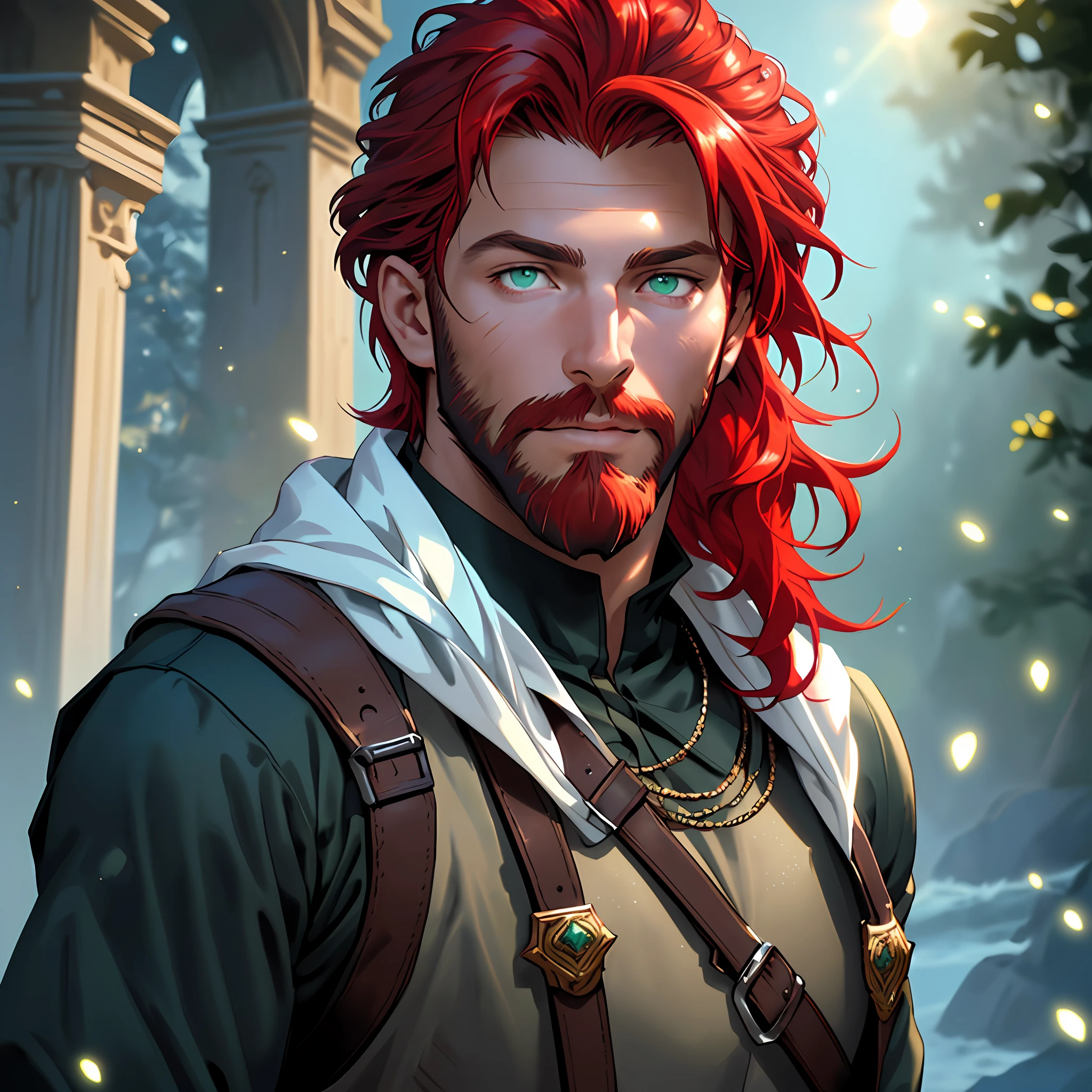 muscular handsome man with red hair and beard, green eyes, looking at the camera, full face, portrait, sword, knight, realistic, masterpiece, high resolution, (luminous particles: 1.3), moonlight, lens flare, (cinematic light), illustration, royalty, [: (detailed face: 1.2): 0.2], detailed, detailed clothing, (detailed background: 1.3), 30 years old