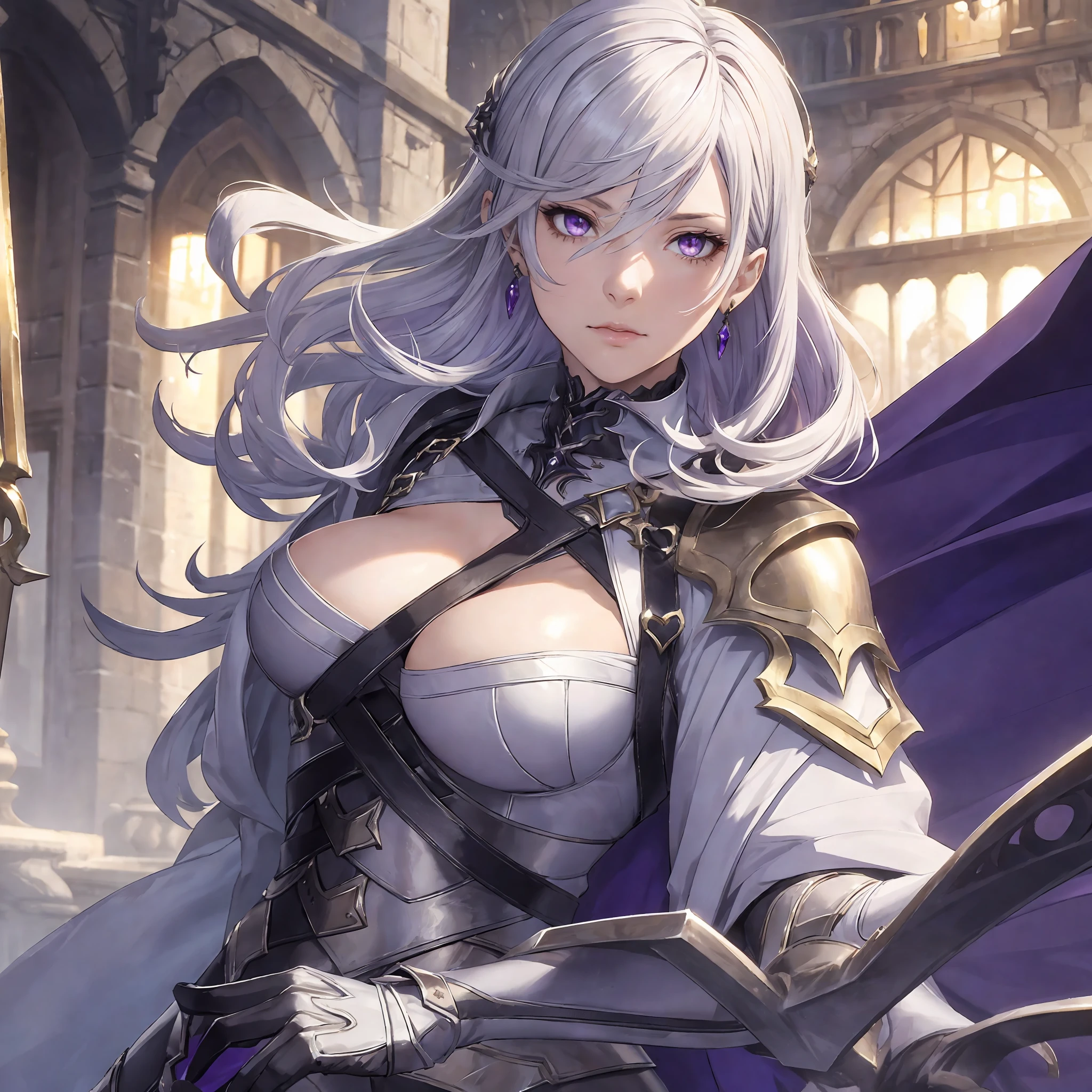 masterpiece, best quality, 1woman adult, older milf, female focus, solo, white hair, vibrant purple eyes, medium hair with fringe, looking at viewer, cape, High quality metal texture, semi metal armor, closed mouth, upper body, bangs, high collar,(kbxll:0.6), Fantasy aesthetics, fantasy earring, Highly detailed, shadowverse character concept, shadowverse style