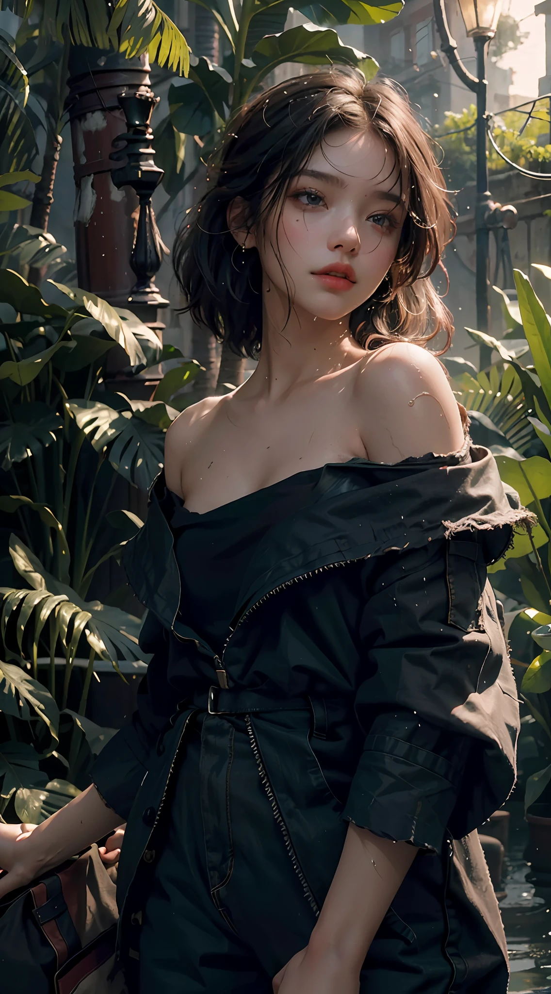 Best Quality, Masterpiece, Ultra High Resolution, (Realisticity: 1.4), Original Photo, 1girl, ((There is dirt on clothes)), Film lighting, (Shabby clothes: 1), Raindrops, (Richer details)), Water droplets on the body,