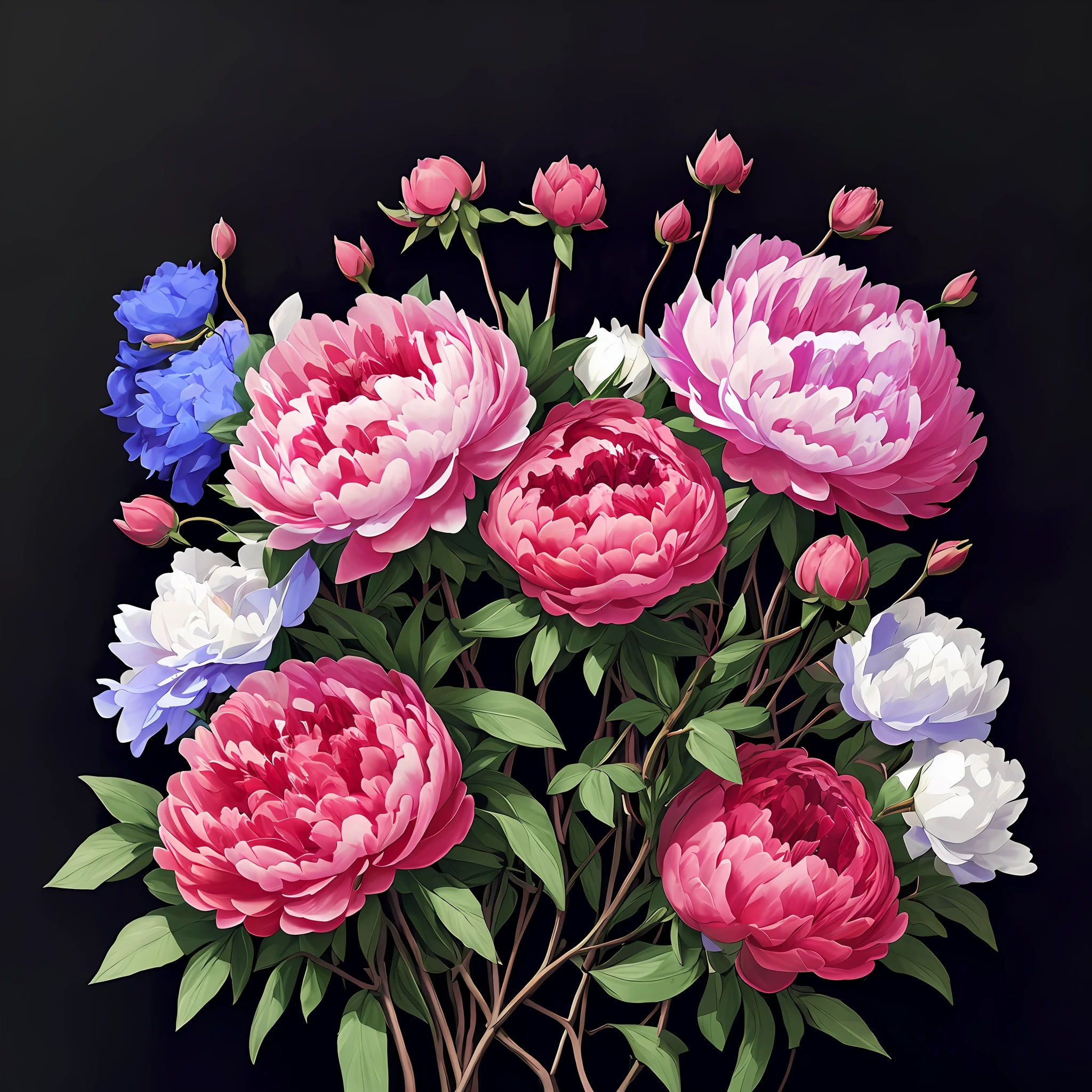 peonies on black background with colorful flowers, in the style of dark magenta and dark blue, dark teal and light red, sophie anderson, dark white and light magenta, dimitra milan, lush detailing, use of bright colors --ar 9:16 --v 5.1 --s 750