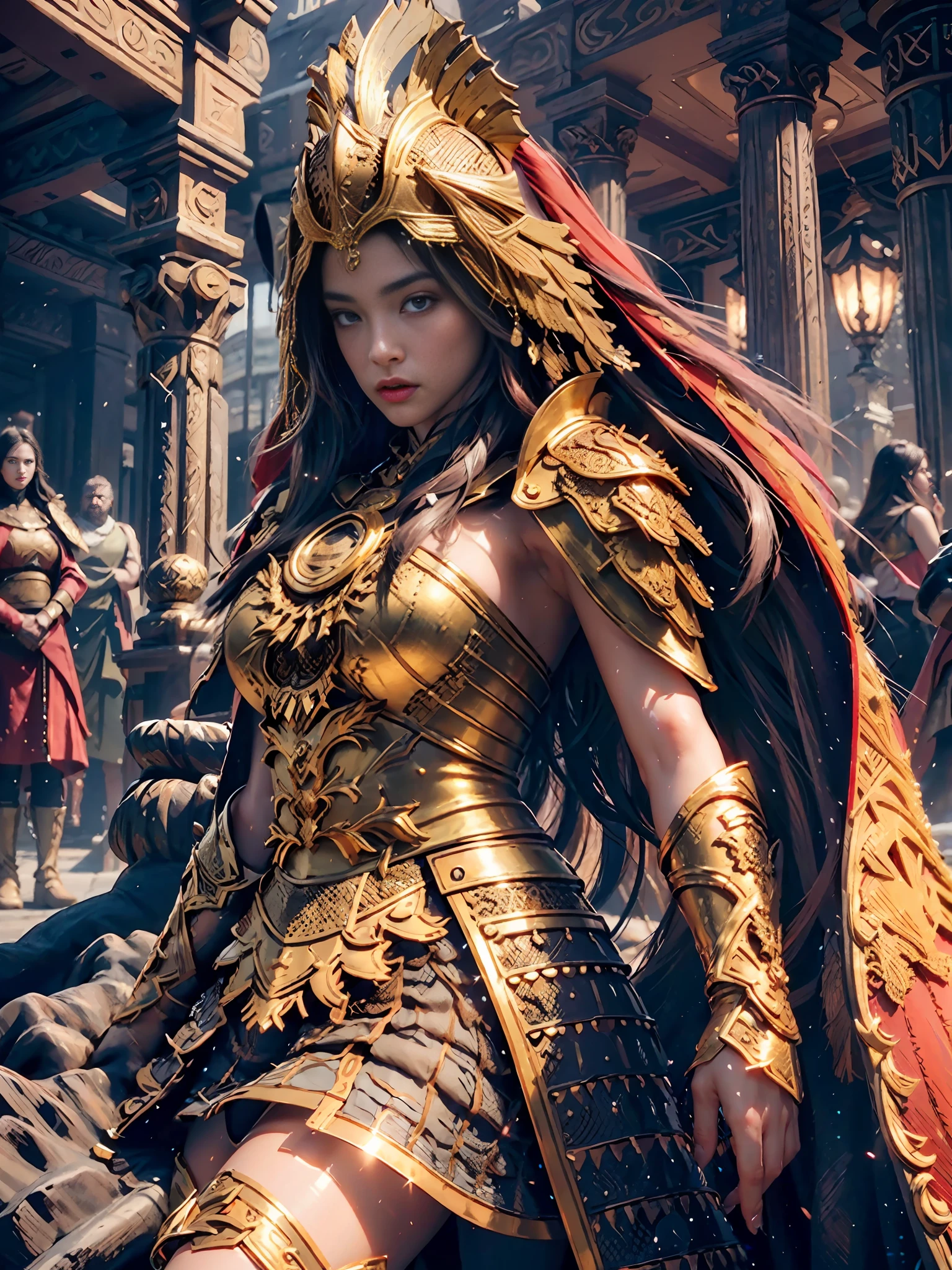 extremely beautiful young lady, subtle makeup, golden hour, photorealistic, high contrast, 8k HD, detailed, hyper-detailed, realistic skin texture, long dark hair, big best quality, ultra high res, raw photo, dramatic lighting, unreal engine, diffuse glow intricate golden eaba, red cape, spear,