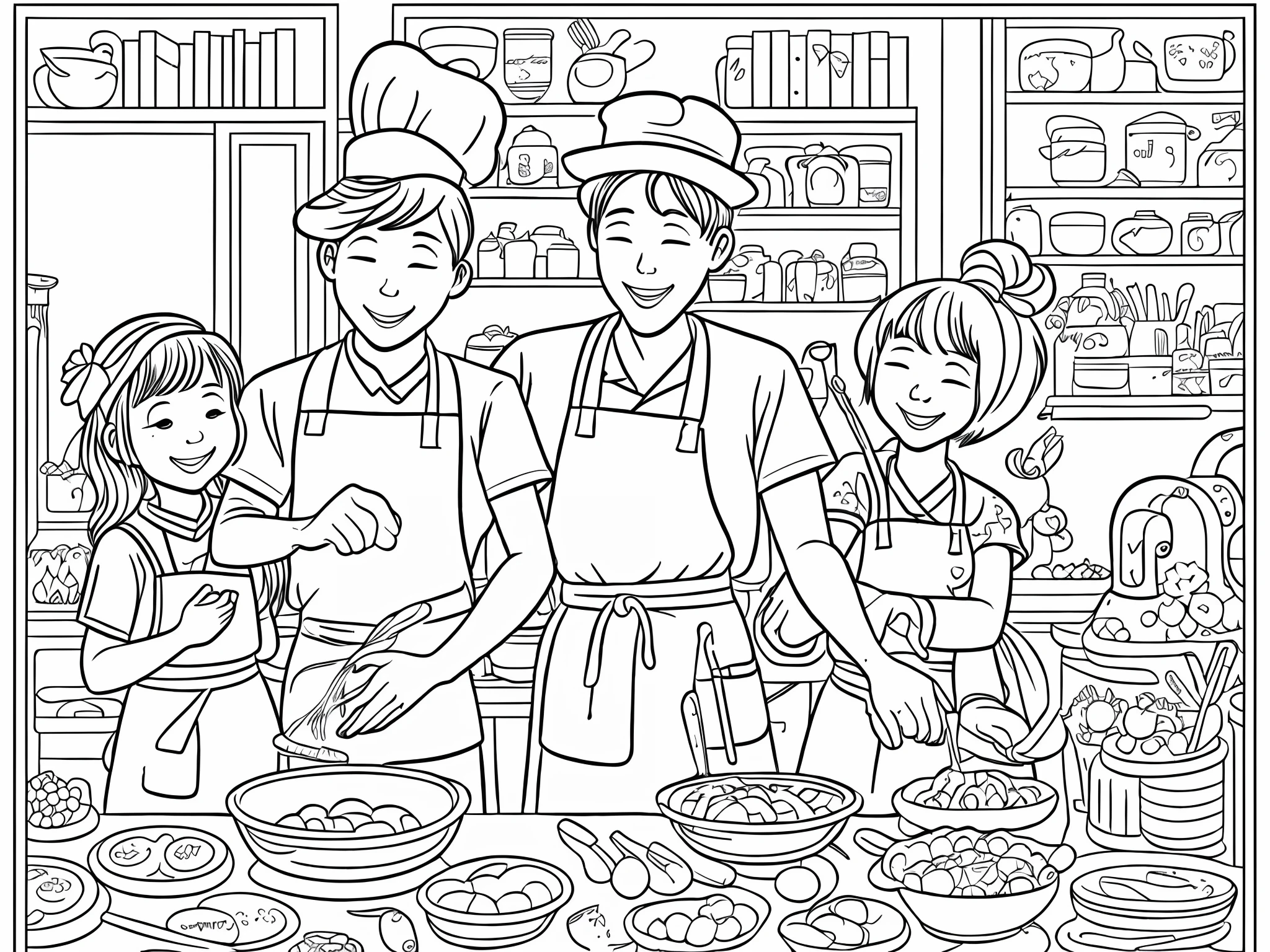 clean coloring book page , The Baker and His Dog, no background, black outline only，children's art by Youko Furugoori