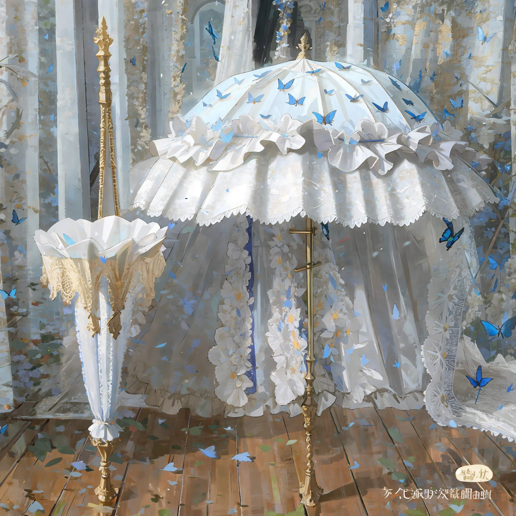 High detail, high quality, 8k, two parasols, European antique umbrella, lace parasol, ruffled parasol, open umbrella, lots of blue butterflies on umbrella, petals falling, metal handle, no figures, Rococo style, Baroque style