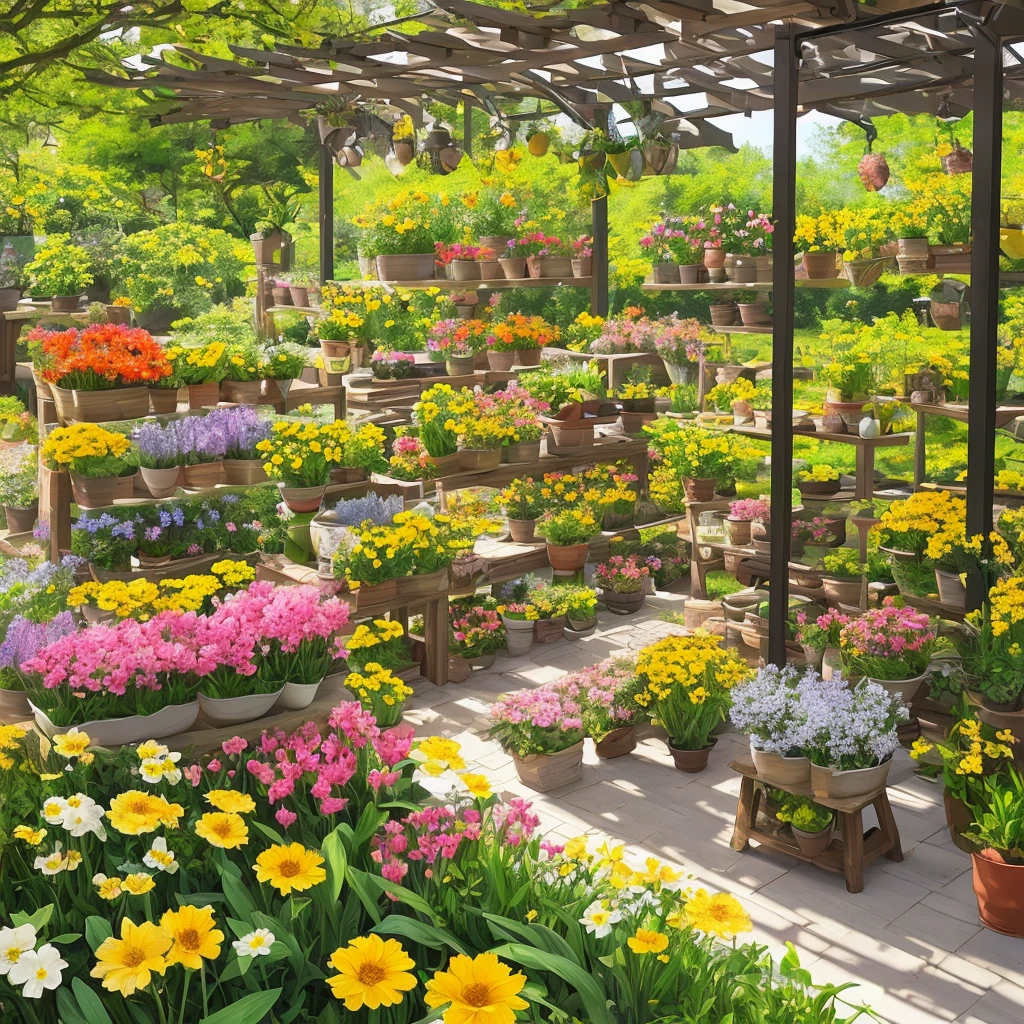 The warm sunshine in the spring afternoon, the spring scene featuring plant essential oil, and the youthful and energetic background, the products are displayed in a striking way, with complementary elements such as flowers and plants in the background. The composition should highlight the texture and color of the products, creating a visual attraction that makes the eyes shine --niji 5 -