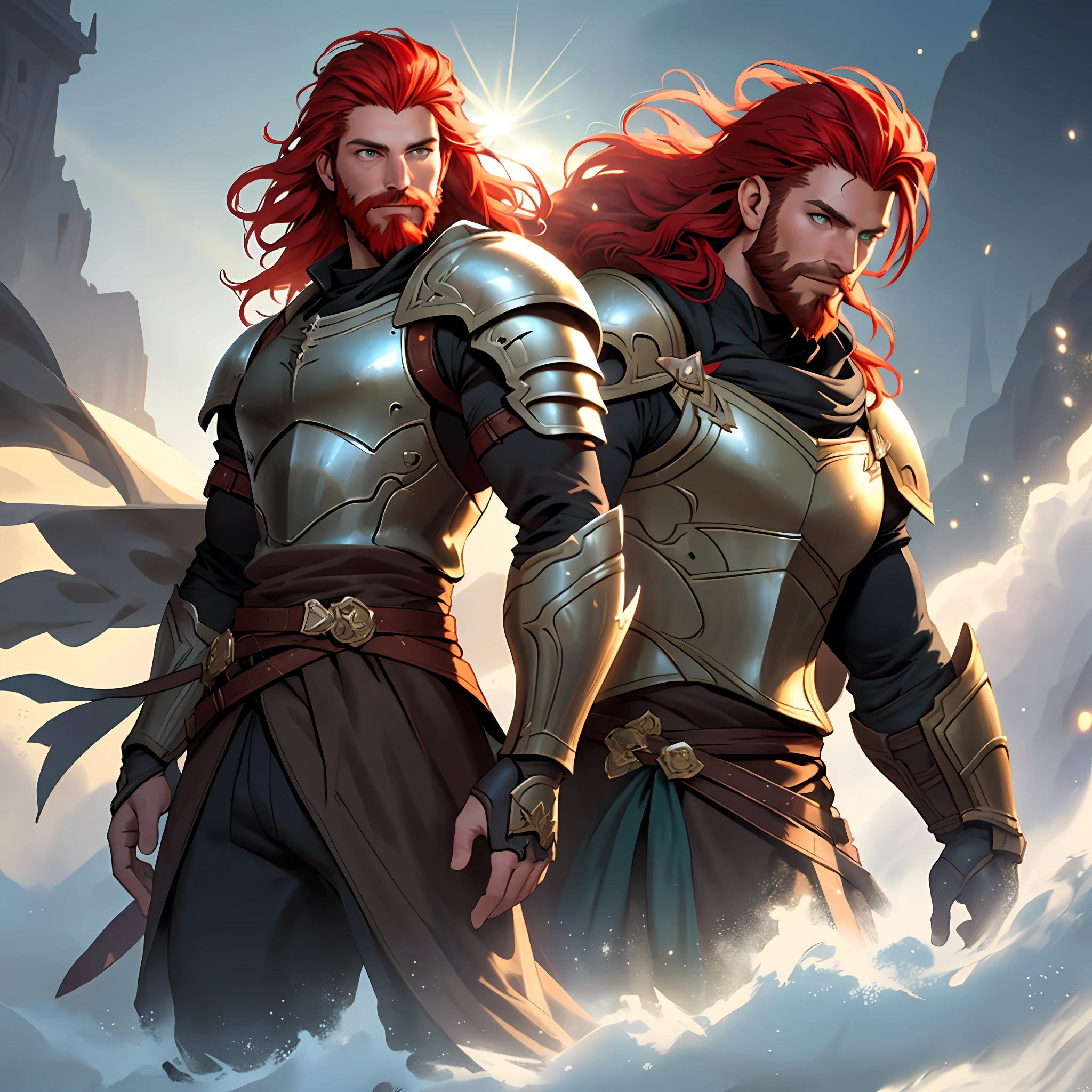 muscular handsome man with red hair and beard, green eyes, looking at the camera, full face, sword, ((full height)),splash art, full body, concept art, knight, realistic, masterpiece, high resolution, (luminous particles: 1.3), moonlight, lens flare, (cinematic light), illustration, royalty, [: (detailed face: 1.2): 0.2], detailed, detailed clothing, (detailed background: 1.3), 30 years old