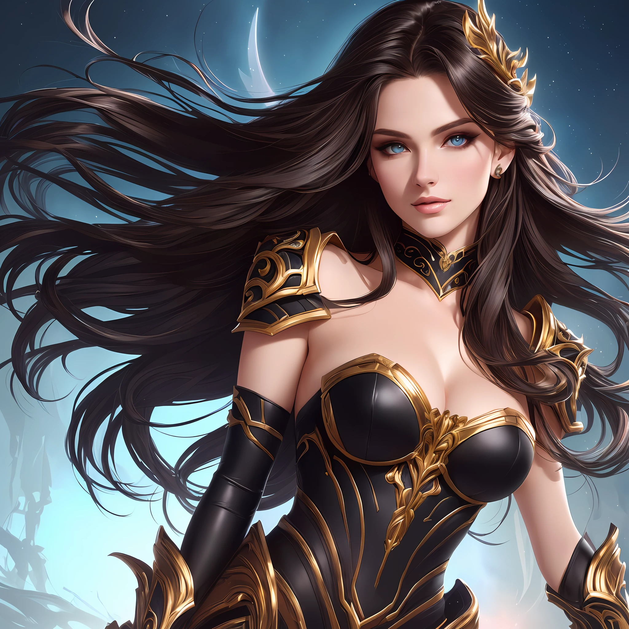 midshot, brunette woman in extremely detailed illustration by Eva Widermann, detailed body anatomically correct, ultradetailed face, black pupil, ultra detailed background, complementary colors, fantasy concept art, 8k resolution, league of legends digital art, oil painting, soft tetrad colors, well done color gradient, full head, lovely illustration, showing full head, keep proportions, best quality,