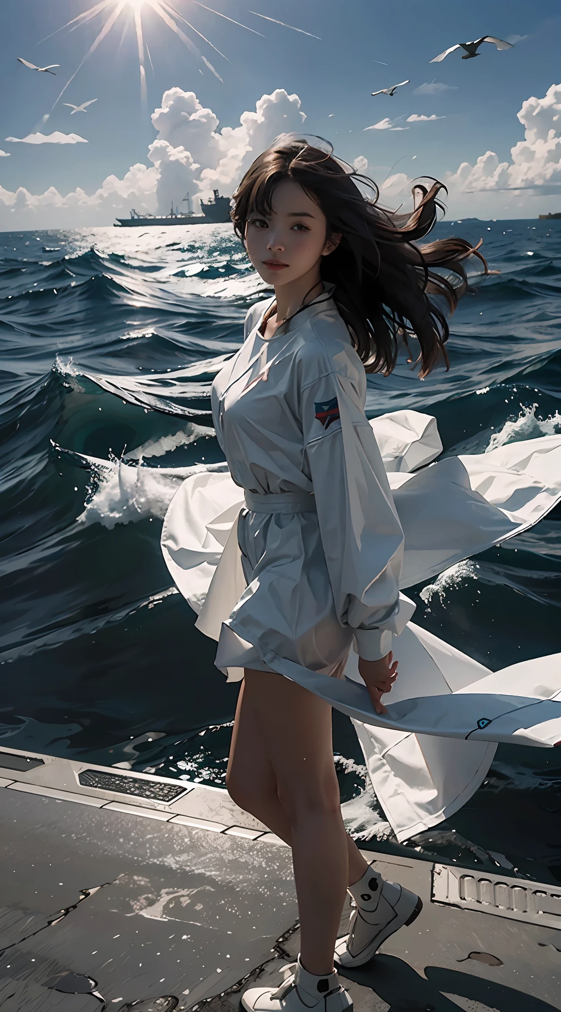 Best quality, masterpiece, super high resolution, (fidelity: 1.4), original photos, cinematic lighting, Gundam standing on an aircraft carrier, sea, blue sky and white clouds, (backlight), seagulls, wind and waves