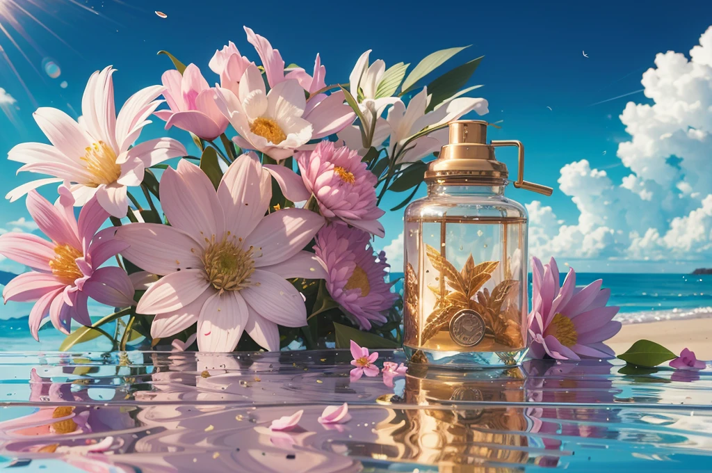 honey jar,ultra detailed,ultra quality, hyper-realistic scene, retain the original appearance of the honey jar, generate a good-looking background atmosphere, Product photography of a honey jar, arranged with plants and flowers, realistic, light background, realistic rendering, blue sky background, water , Sunlight, Low View, Blender, Product Rendering, HD 8K Illustration of a hyperrealistic , otherworldly, ultrasky scene featuring a giant crystal tree full body,very detailed and magical lighting, intricate forest details, vegetation and river around, solarpunk ,landscape, giant tree, beatifull leafy with beautiful lighting and realistic proportions, as if it were a cinematic background, 8k, highest quality, masterpiece, clouds and stars in the sky.