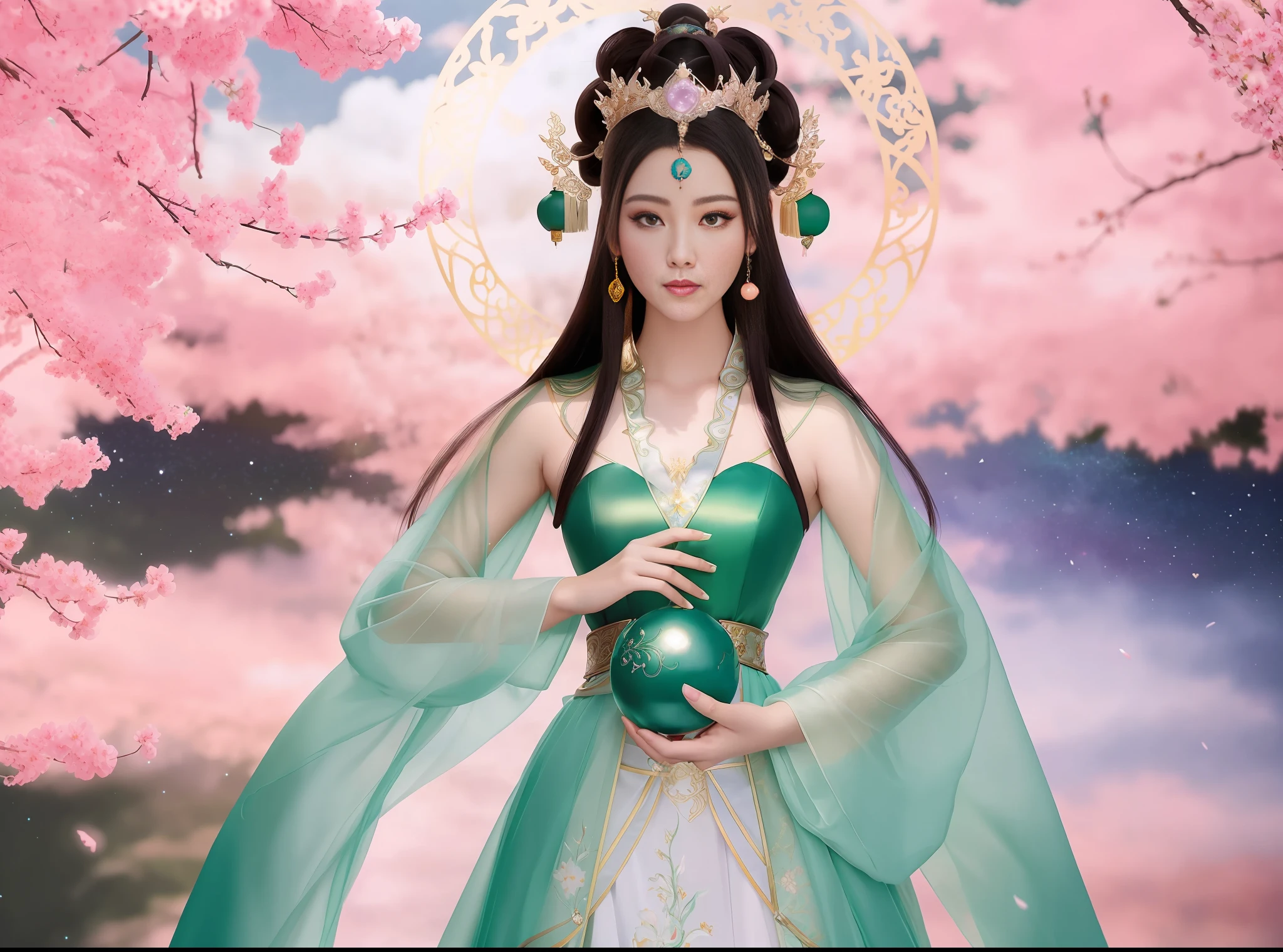 a close up of a woman in a dress with a Jade ball in her hand, a beautiful fantasy empress, ((a beautiful fantasy empress)), beautiful celestial mage, beautiful and elegant elf queen, beautiful character painting, full body xianxia, portrait knights of zodiac girl, by Yang J, g liulian art style, fantasy art style,foreshortening, from above