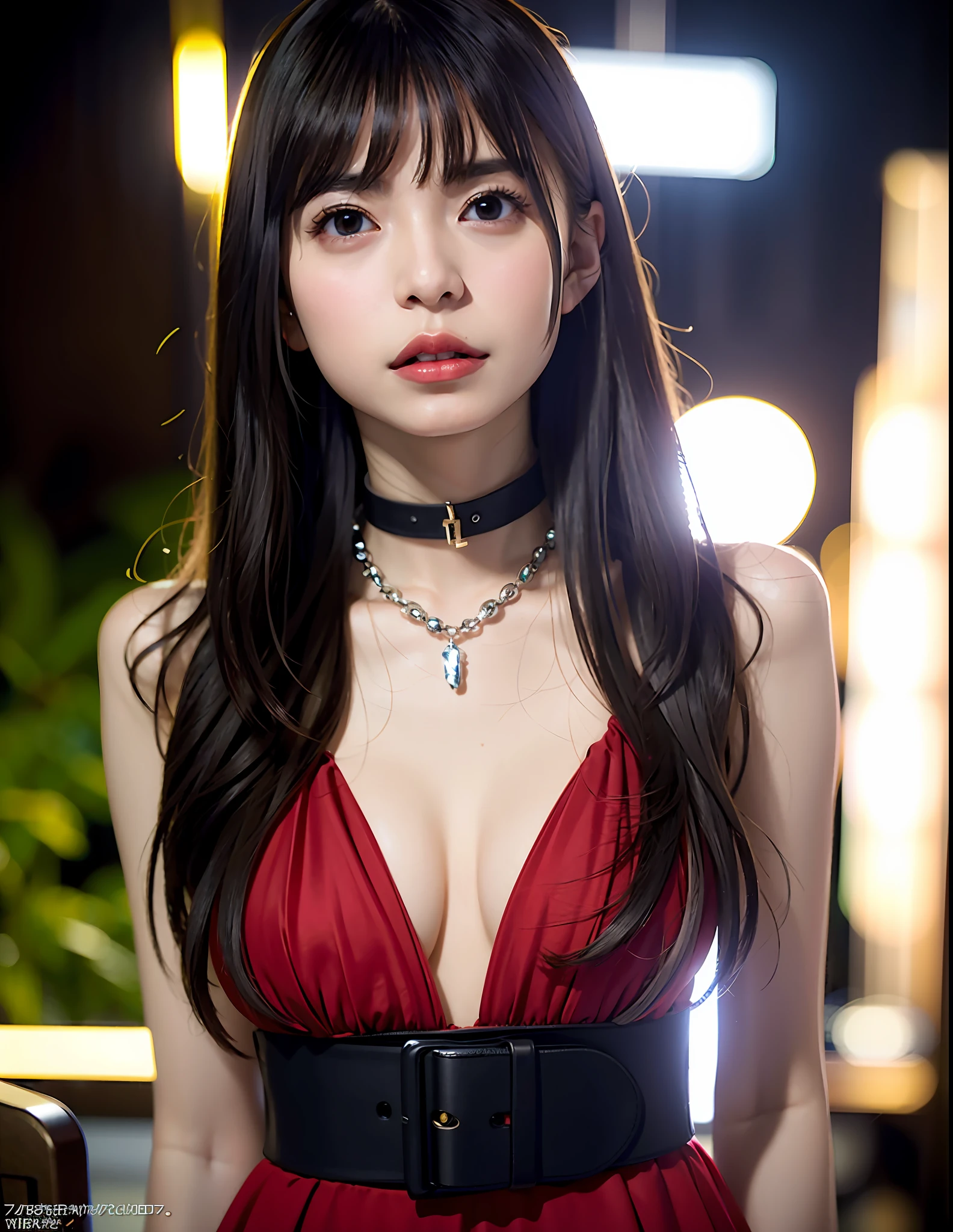 (8k, RAW photo, highest quality, masterpiece: 1.2), (realistic, photorealistic: 1.37), 1 girl, Japan, woman in her 50s, cityscape, night, professional lighting, photon mapping, radiosity, torn, big, very small crimson micro bikini, tip sticking out, areola protruding, pubic shape clearly visible, gal, lots of lashes, Lame on the eyelids, bright red lip, black heels, black chokers, necklaces, bracelets, belt chains, lots of various accessories, pubic hair, bristles on the lower abdomen, slender