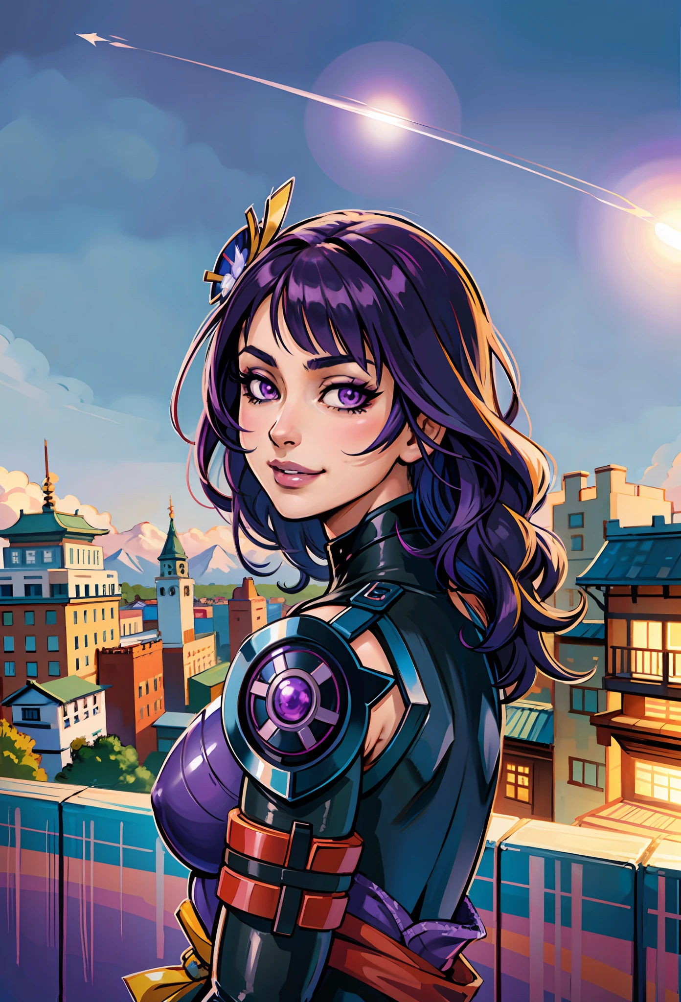 (masterpiece),(best quality:1.0), (ultra highres:1.0), detailed illustration, 8k, anime, 1girl, beautiful anime girl, Girl, Raiden Shogun, Purple eyes, detailed eyes, purple hair, detailed hair, shoulder exposure, shoulder smooth texture latex, coquettish smile, anime feel, evil devil, {blackening}, {teasing smile}, detailed, anime style, best quality