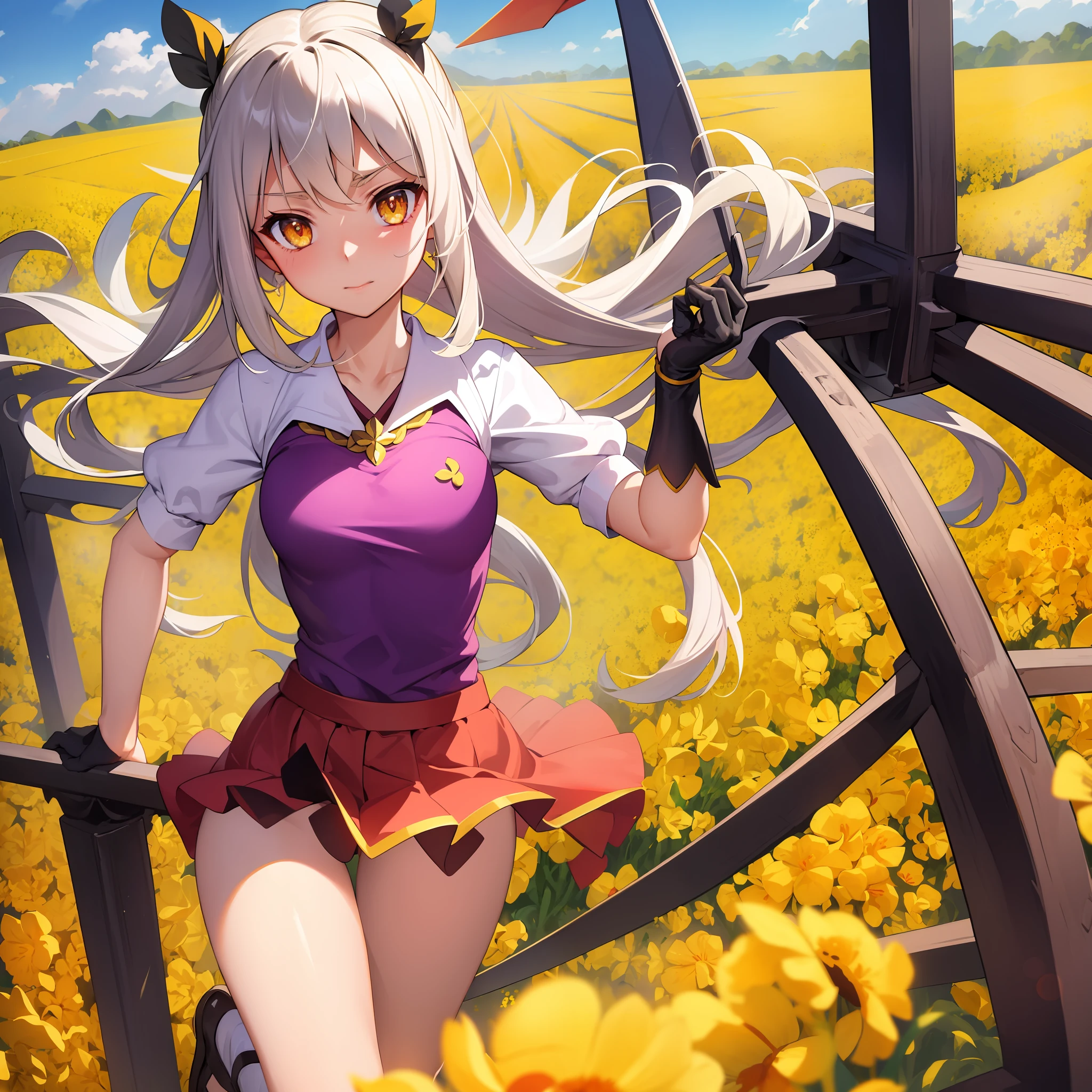 Masterpiece: 1.2), (Best Quality: 1.2), Detailed, Canola Flower Field, Running, Lori, Illya, Magical Girl Illya, Big Breasts
