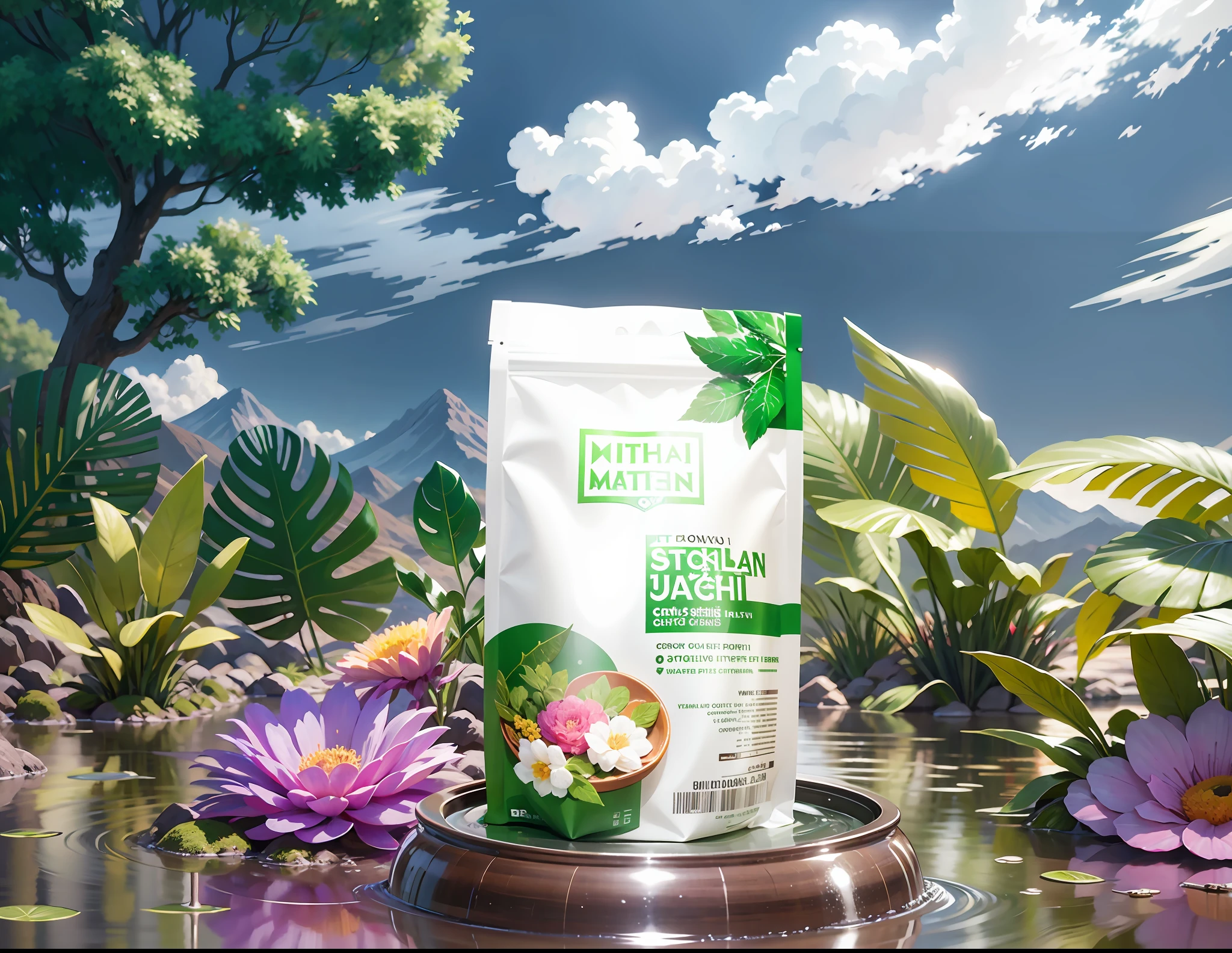 matcha japanese tea,  product photography ,water splash, super food, ultra detailed,ultra quality, hyper-realistic scene, retain the original appearance , generate a good-looking background atmosphere, Product photography, arranged with plants and herbs, realistic, light background, realistic rendering, blue sky background, water , Sunlight, Low View, Blender, Product Rendering, HD 8K Illustration of a hyperrealistic , sparkles, otherworldly, ultrasky scene featuring a giant crystal tree full body,very detailed and magical lighting, intricate forest details, vegetation and river around, solarpunk ,landscape, giant tree, beatifull leafy with beautiful lighting and realistic proportions, as if it were a cinematic background, 8k, highest quality, masterpiece, clouds and stars in the sky.