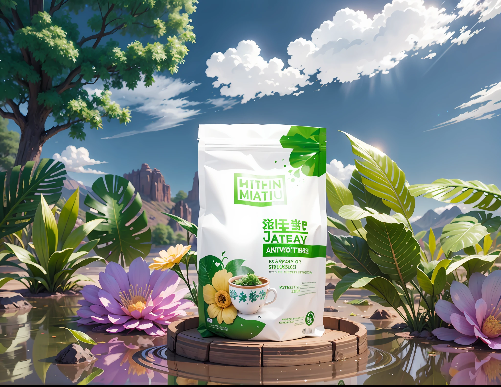matcha japanese tea,  product photography ,water splash, super food, ultra detailed,ultra quality, hyper-realistic scene, retain the original appearance , generate a good-looking background atmosphere, Product photography, arranged with plants and herbs, realistic, light background, realistic rendering, blue sky background, water , Sunlight, Low View, Blender, Product Rendering, HD 8K Illustration of a hyperrealistic , sparkles, otherworldly, ultrasky scene featuring a giant crystal tree full body,very detailed and magical lighting, intricate forest details, vegetation and river around, solarpunk ,landscape, giant tree, beatifull leafy with beautiful lighting and realistic proportions, as if it were a cinematic background, 8k, highest quality, masterpiece, clouds and stars in the sky.