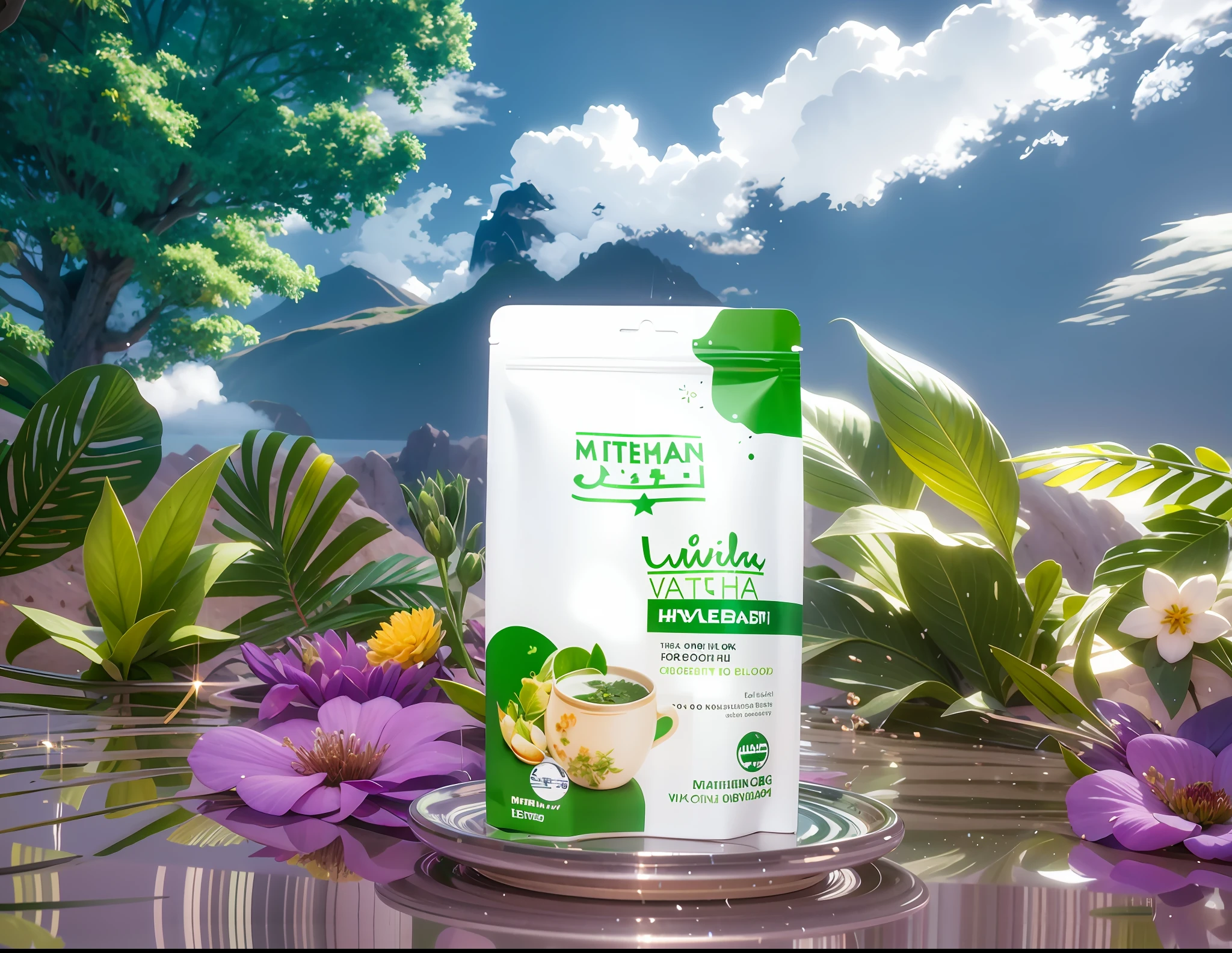matcha green tea, product photography ,super food, ultra detailed,ultra quality, hyper-realistic scene, retain the original appearance , generate a good-looking background atmosphere, Product photography, arranged with plants and herbs, realistic, light background, realistic rendering, blue sky background, green water , Sunlight, Low View, Blender, Product Rendering, HD 8K Illustration of a hyperrealistic , sparkles, otherworldly, ultrasky scene featuring a giant crystal tree full body,very detailed and magical lighting, intricate forest details, vegetation and river around, solarpunk ,landscape, giant tree, beatifull leafy with beautiful lighting and realistic proportions, as if it were a cinematic background, 8k, highest quality, masterpiece, clouds and stars in the sky.